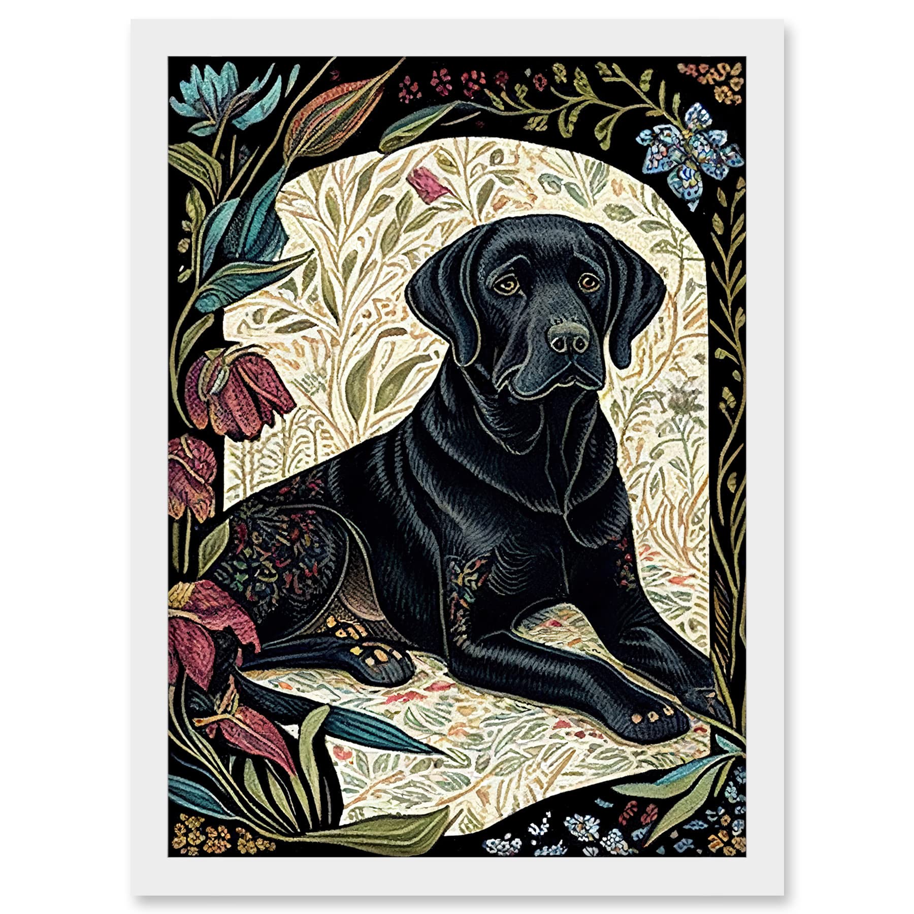 Artery8 Black Labrador Dog with Floral Patterns Vintage Inspired Linocut Illustration Artwork Framed A3 Wall Art Print