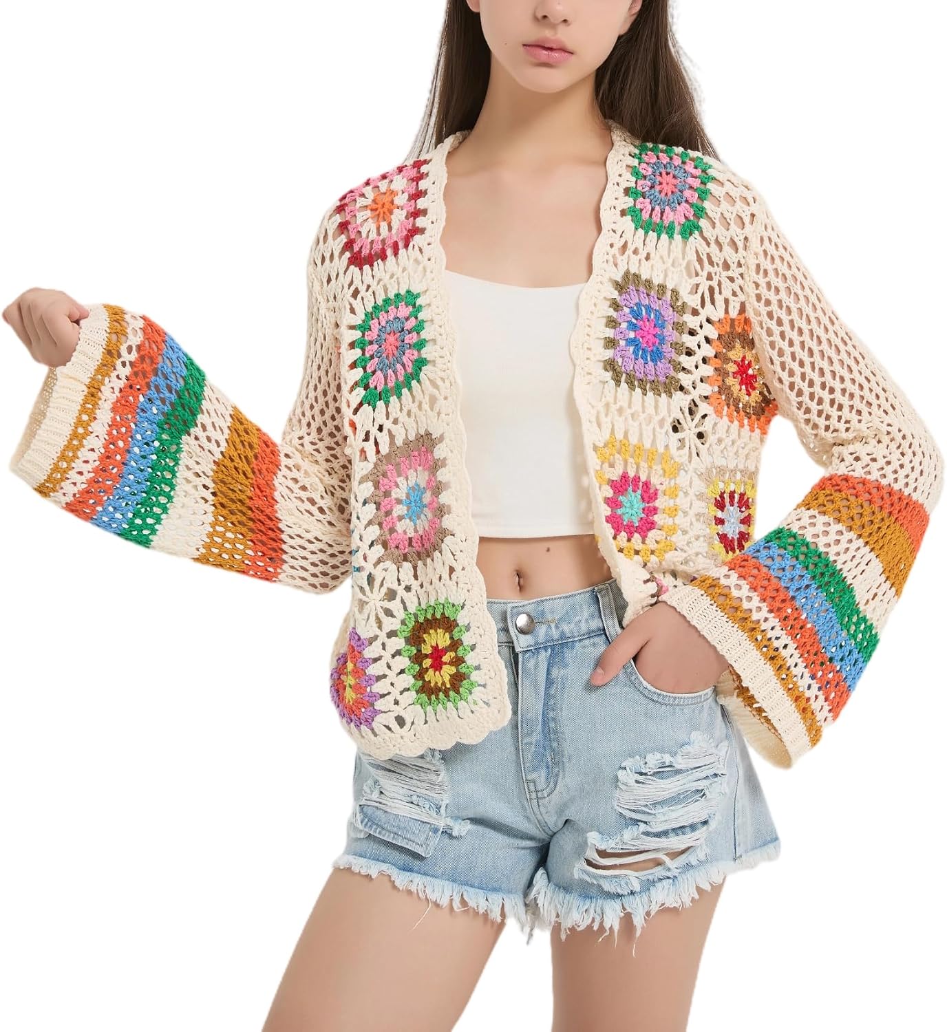 EXARUS Girls Floral Crochet Cardigan Hollow Out Open Front Boho Long Sleeve Summer Multicolor Lightweight Top 8-14Y