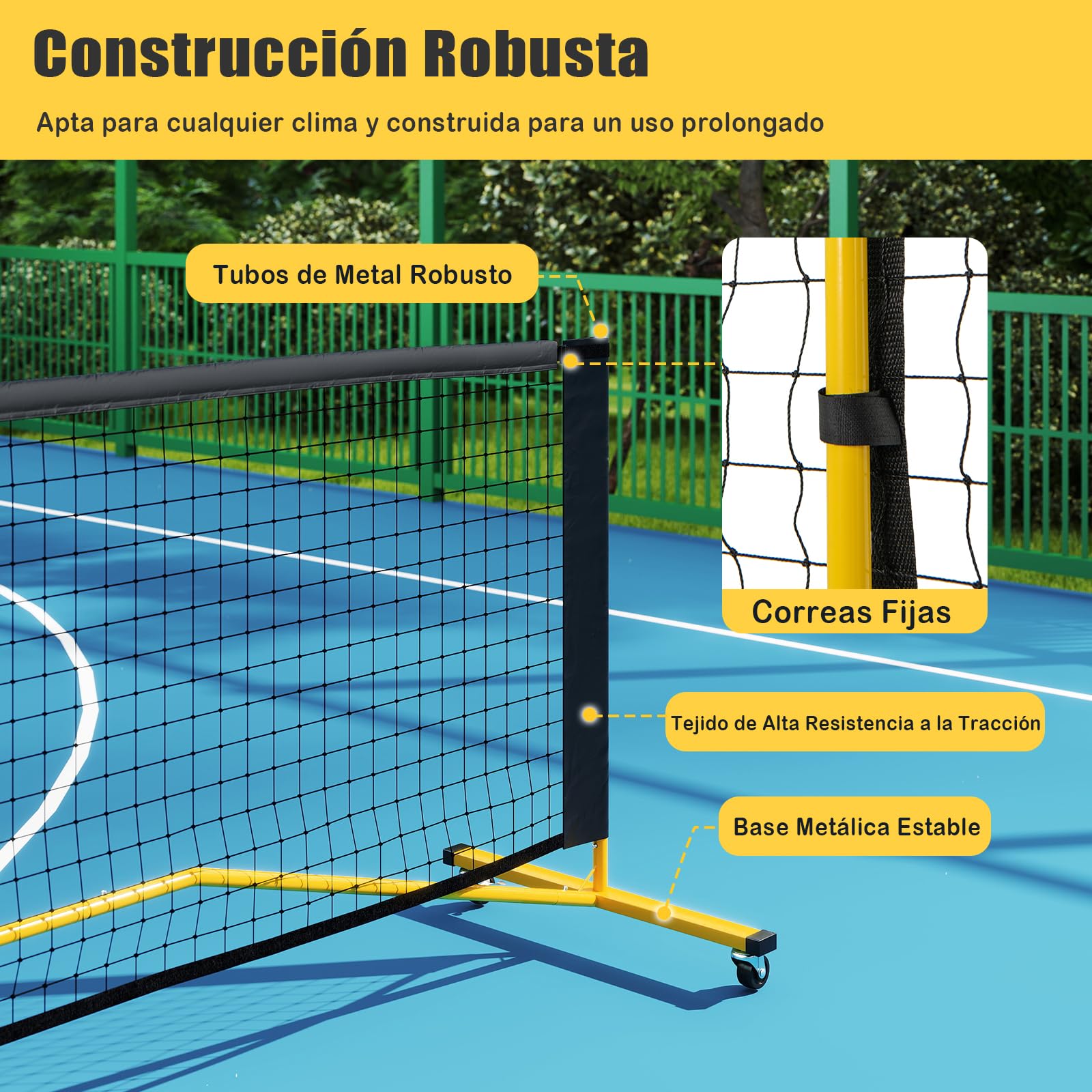 GYMAX Red de Pickleball Portátil 6,75 M, Red de Pickleball Regulatorio con Bolsa de Transporte, Sistema de Red de Pickleball con Red PE sin Nudos de 18 Hilos, Base Metálica para Exterior