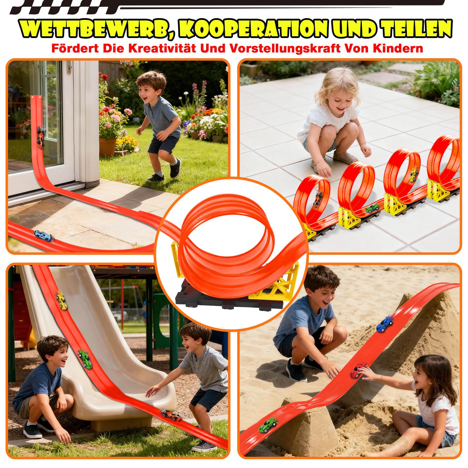 Rennbahn Kinder 5M, Autorennbahn Flexible mit 6 Autos, Rennstrecke Auto Autobahn Kinder Rollt Auf Dual Rennbahn Rampen, Autorennbahn Race Car Track für 1/64th Autos, Geschenk ab 3+ Jahr(Orange)