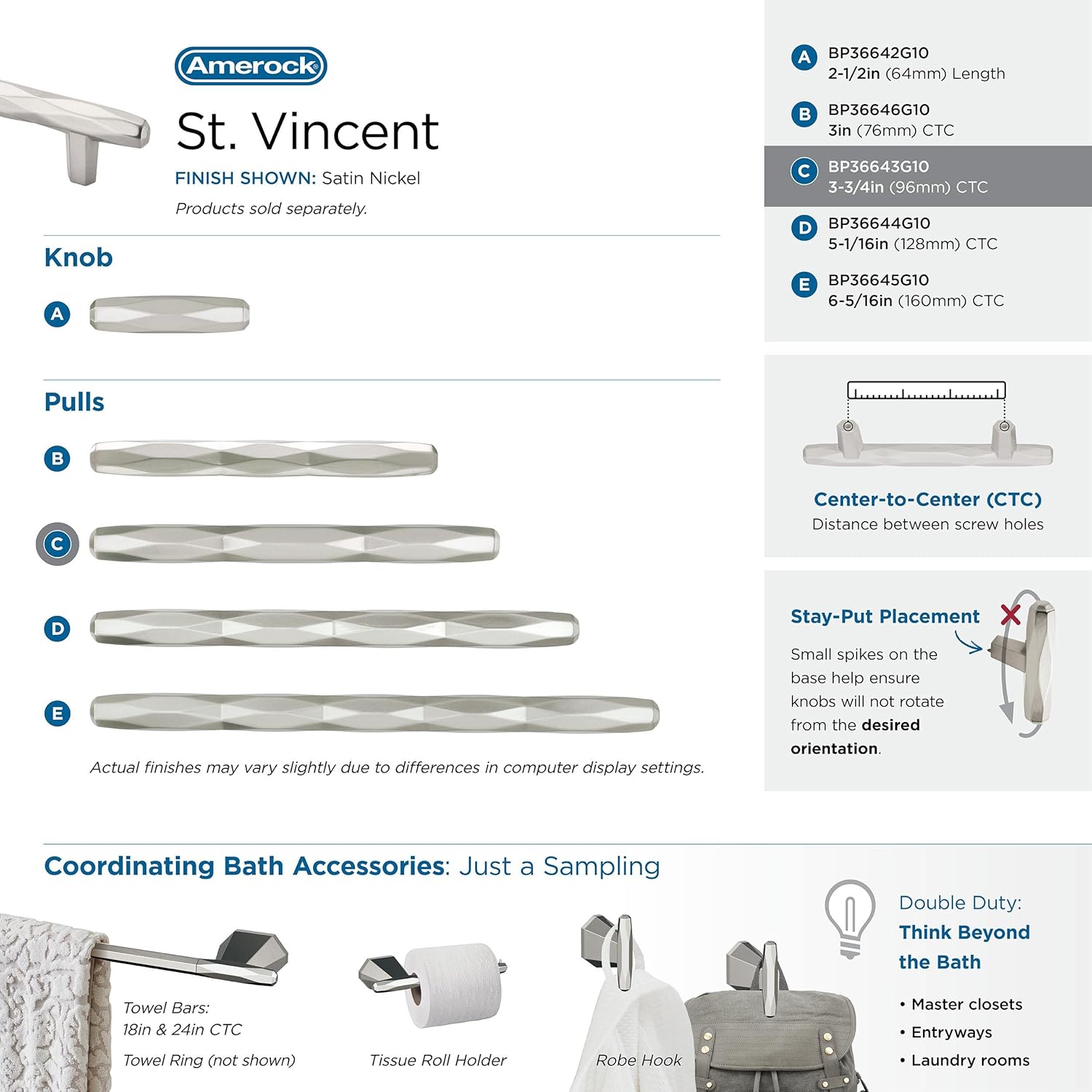 Amerock | Cabinet Pull | Satin Nickel | 3-3/4 inch (96 mm) Center to Center | St. Vincent | 1 Pack | Drawer Pull | Drawer Handle | Cabinet Hardware