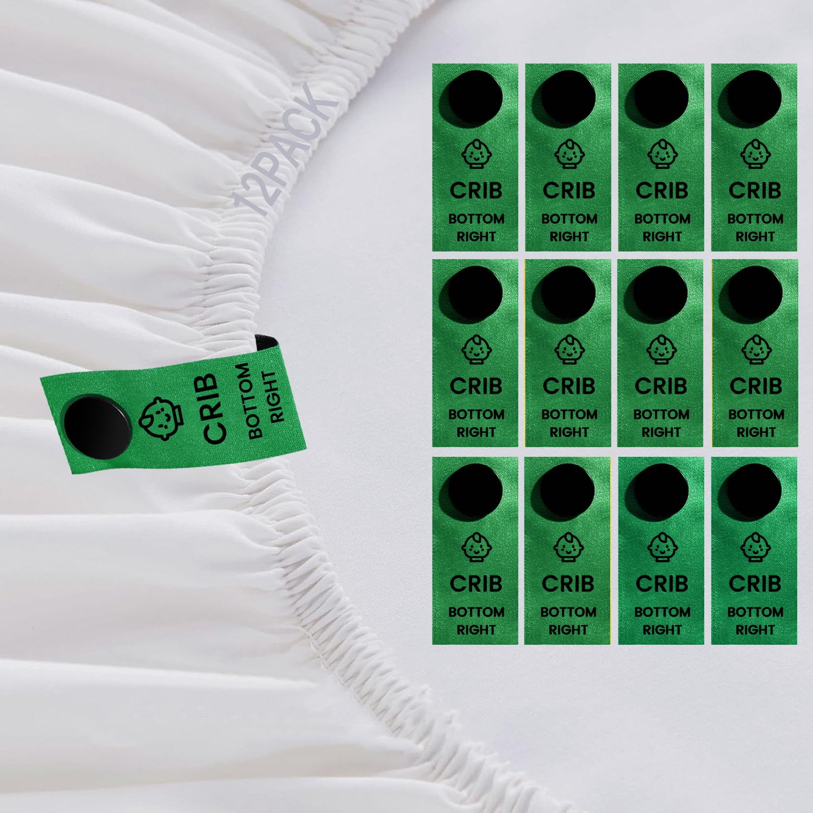SheetSnaps Crib Sheet Labels – 12-Pack Snap-On Green Tags – Easy Sheet Orientation for Crib Beds – Washable, Durable Sheet Size Identifiers for Baby Bedding