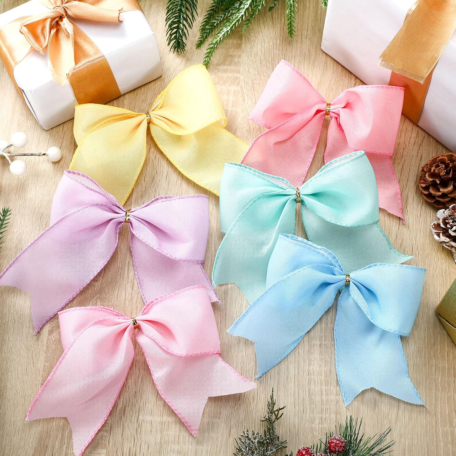 24 Pcs 7.1 Inch Pastel Rainbow Christmas Bows - Pre Tied Twist Tie Ribbon Bows for Xmas Tree, Wreath, Gift Wrapping, Wedding, Home Party Decorations 6 Colors - Image 4