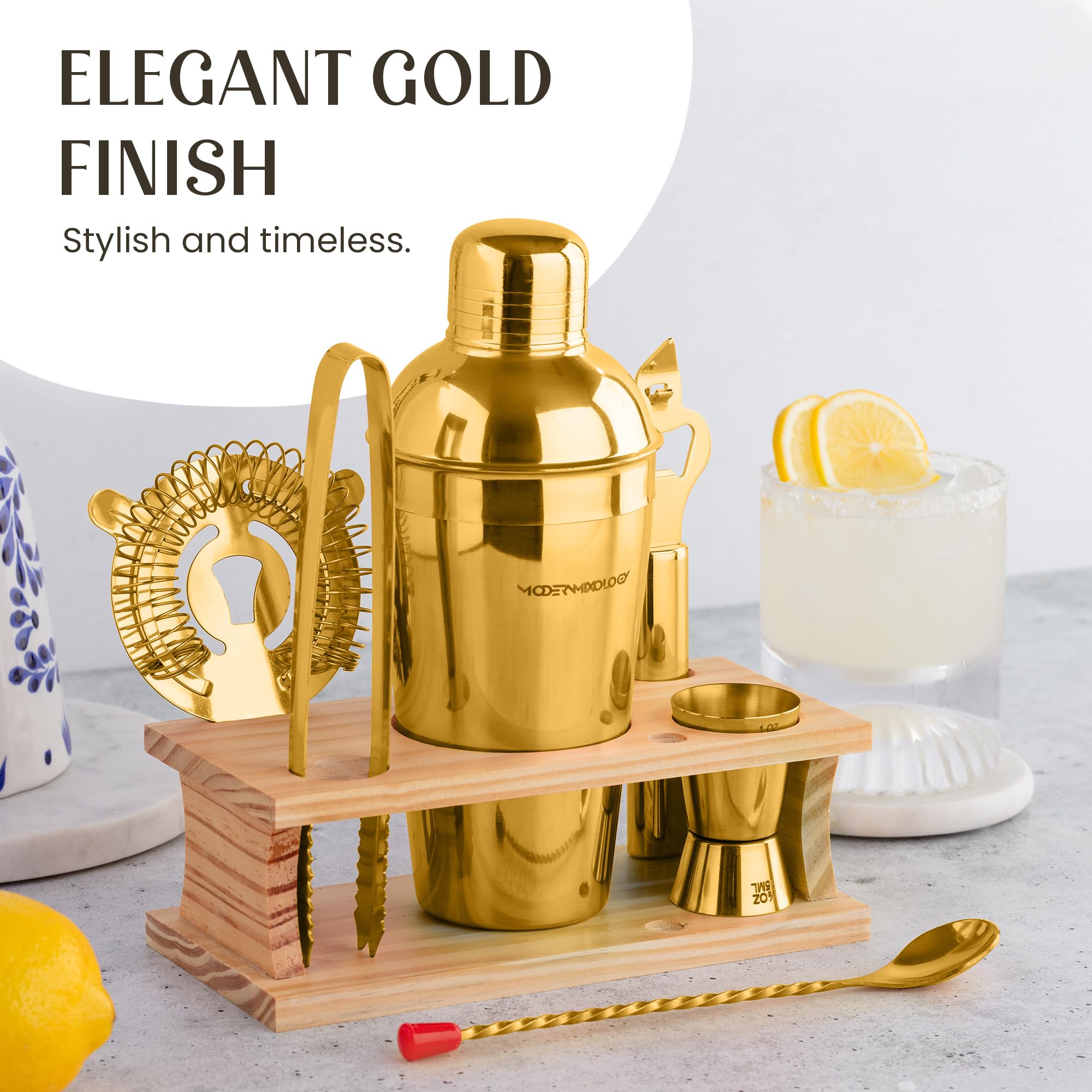 Mixology Bartender Kit con supporto | Oro con supporto in legno di pino, set shaker per cocktail - Strumenti da bar: shaker Martini, Jigger, colino, cucchiaio, pinze, apri | Nuova idea regalo per