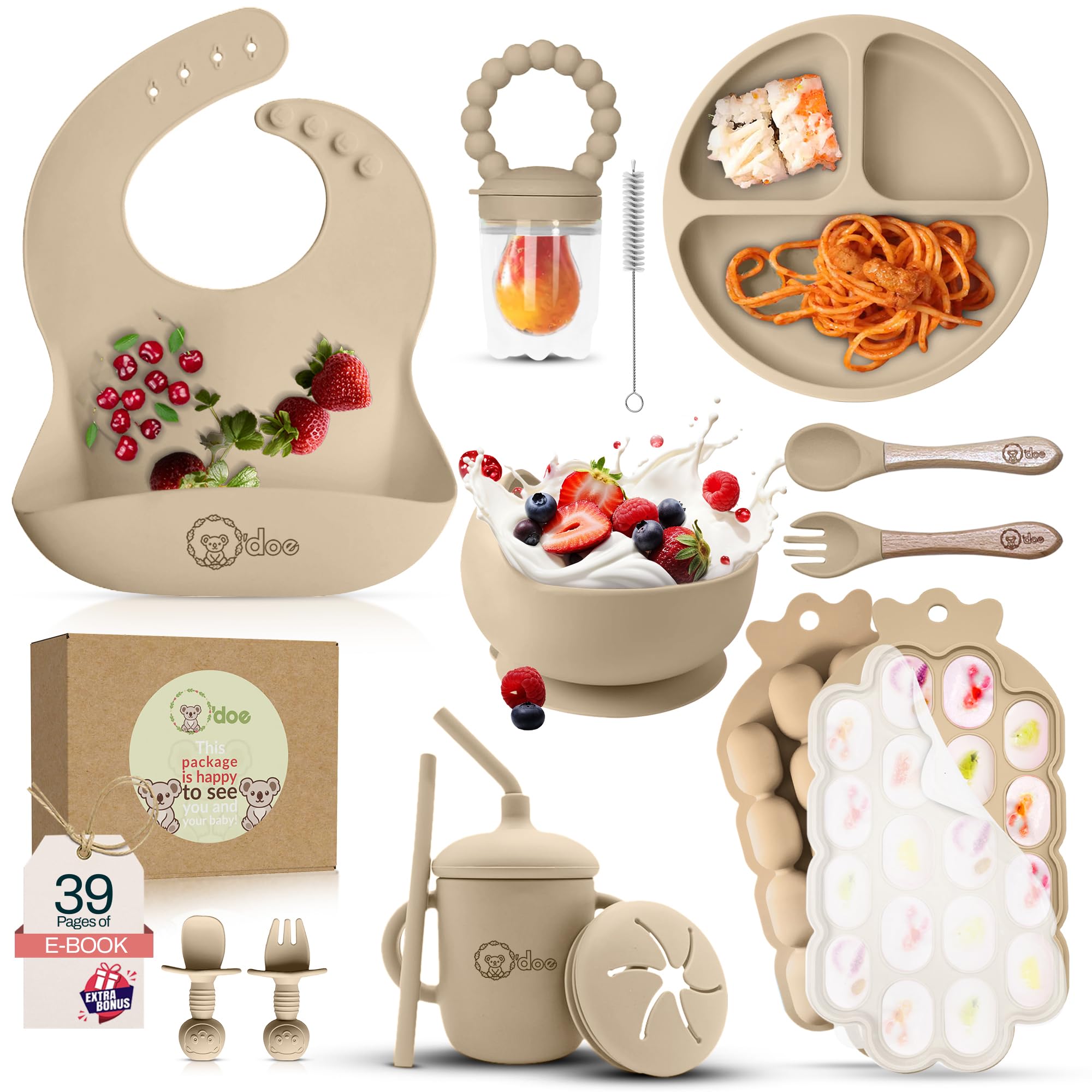 O'doe Baby Weaning Set – 15 Pcs Silicone Baby Feeding Set with Suction Plate, Bowl, Bib, Sippy Cup, Fruit Feeder, Freezer Tray – Baby Plates and Bowls Set – Pink – BPA Free | 6M+