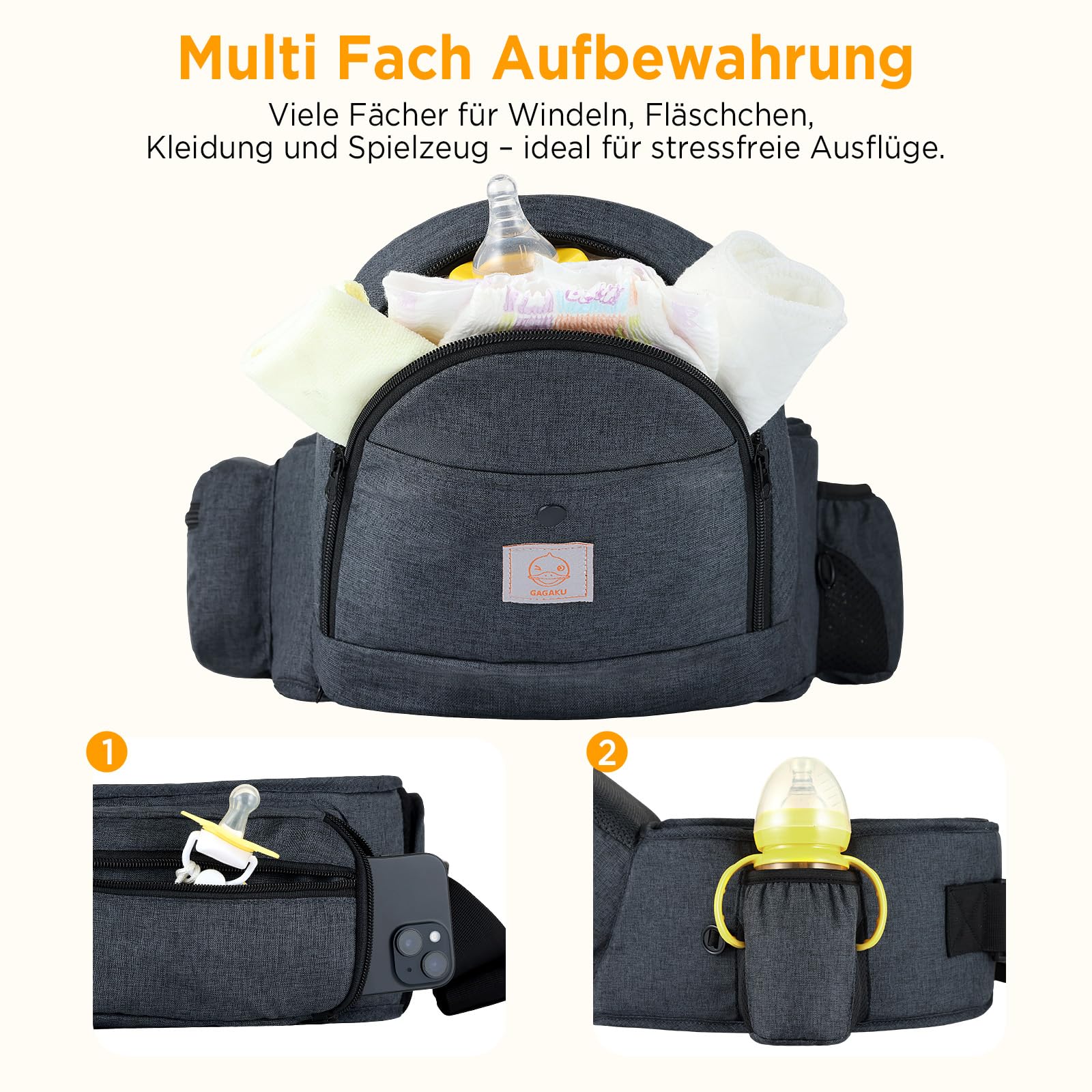 GAGAKU Porte-bébé Siège de Hanche Ergonomique Porte bébé, avec compartiment de rangement, pour les enfants de 0 à 36 mois et les nouveau-nés - Gris foncé