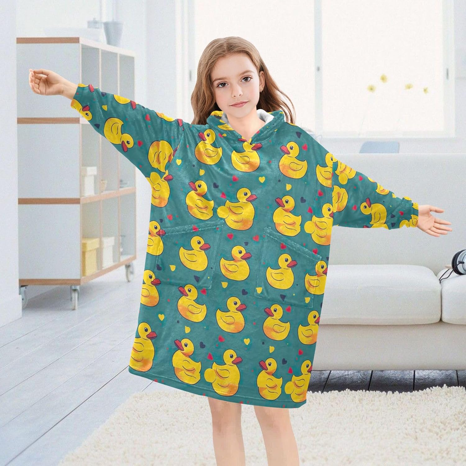 Little Yellow Duck Cute Animal Kids Wearable Blanket Hoodie and Sleeves for Toddlers Cute Hoodies Girls Boys