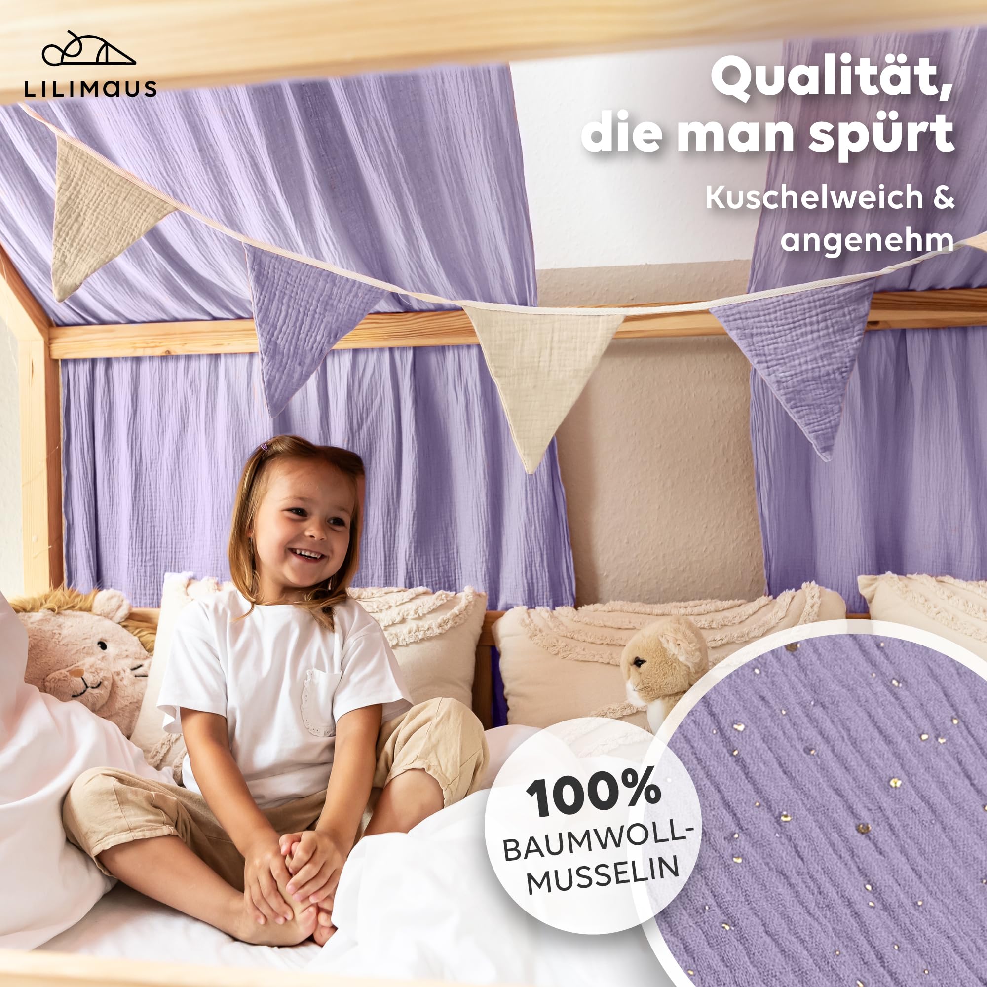 lilimaus Ciel de lit avec application dorée [en 12 couleurs] Ciel de lit en mousseline 100 % coton – Ciel de lit décoratif pour lit de maison fille et garçon – Ciel pour lit de maison, rideau