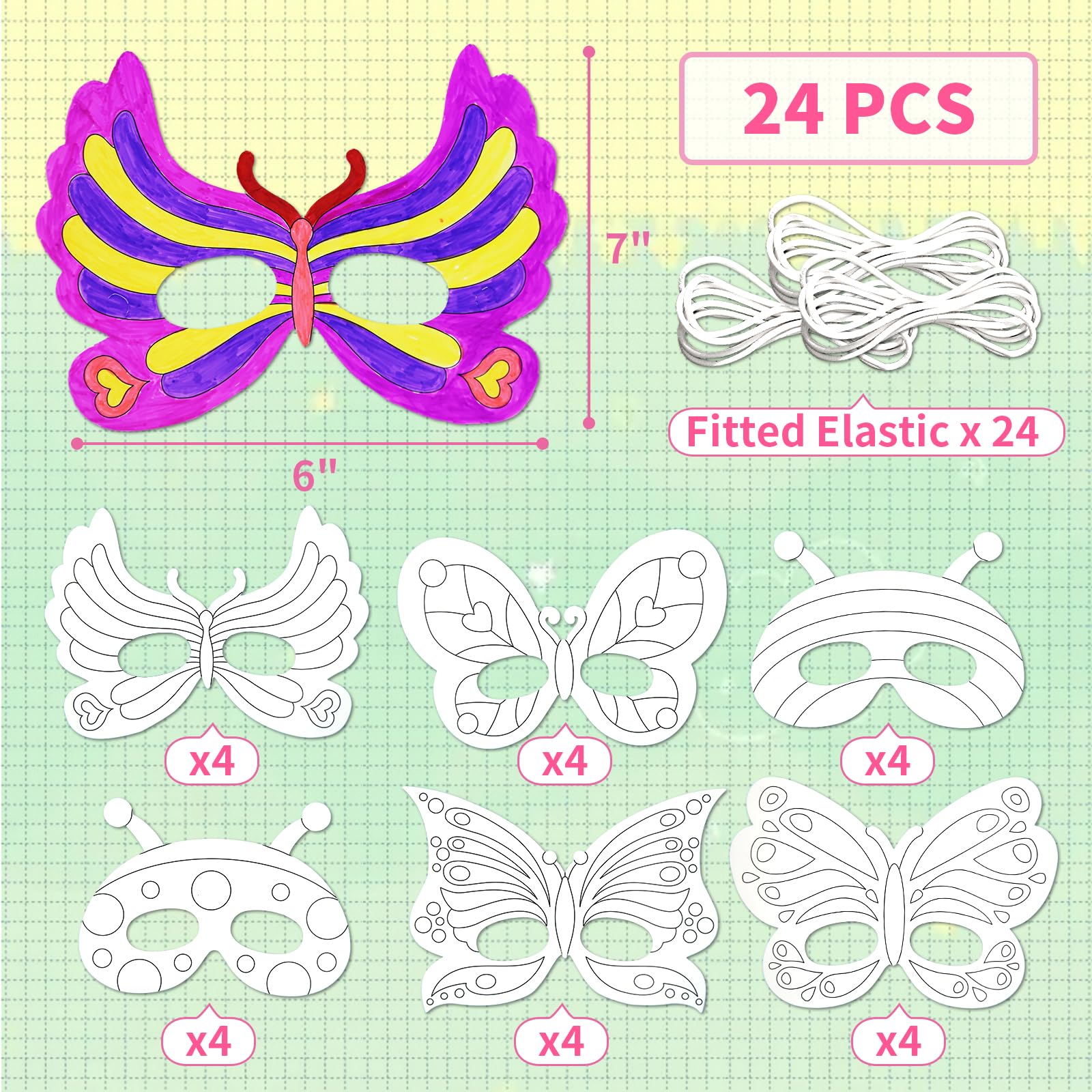 VKPI 24 PCS Color Your Own Butterfly Paper Masks, Coloring Mask Craft Kit for Kids, Birthday Party Favors School Activities