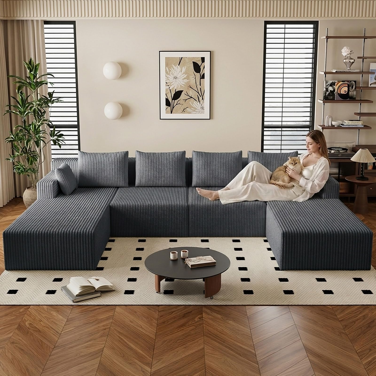 142" U-Shape Cloud Couch, Modern Modular Sectional U-Shape Sofa, Corduroy Boneless Couch Upholstered Couches Deep Seat Sleeper Chaise Longue for Living Room, No Assembly Required,Dark Gray