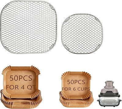 Square Air Fryer Rack with 100 parchment paper for Ninja Crispi Rack, Rack Replacement for Ninja Crispi Pro Accessories Stainless Steel Tray, Grill Racks Fits 4QT & 6 Cup Glass Container(Web