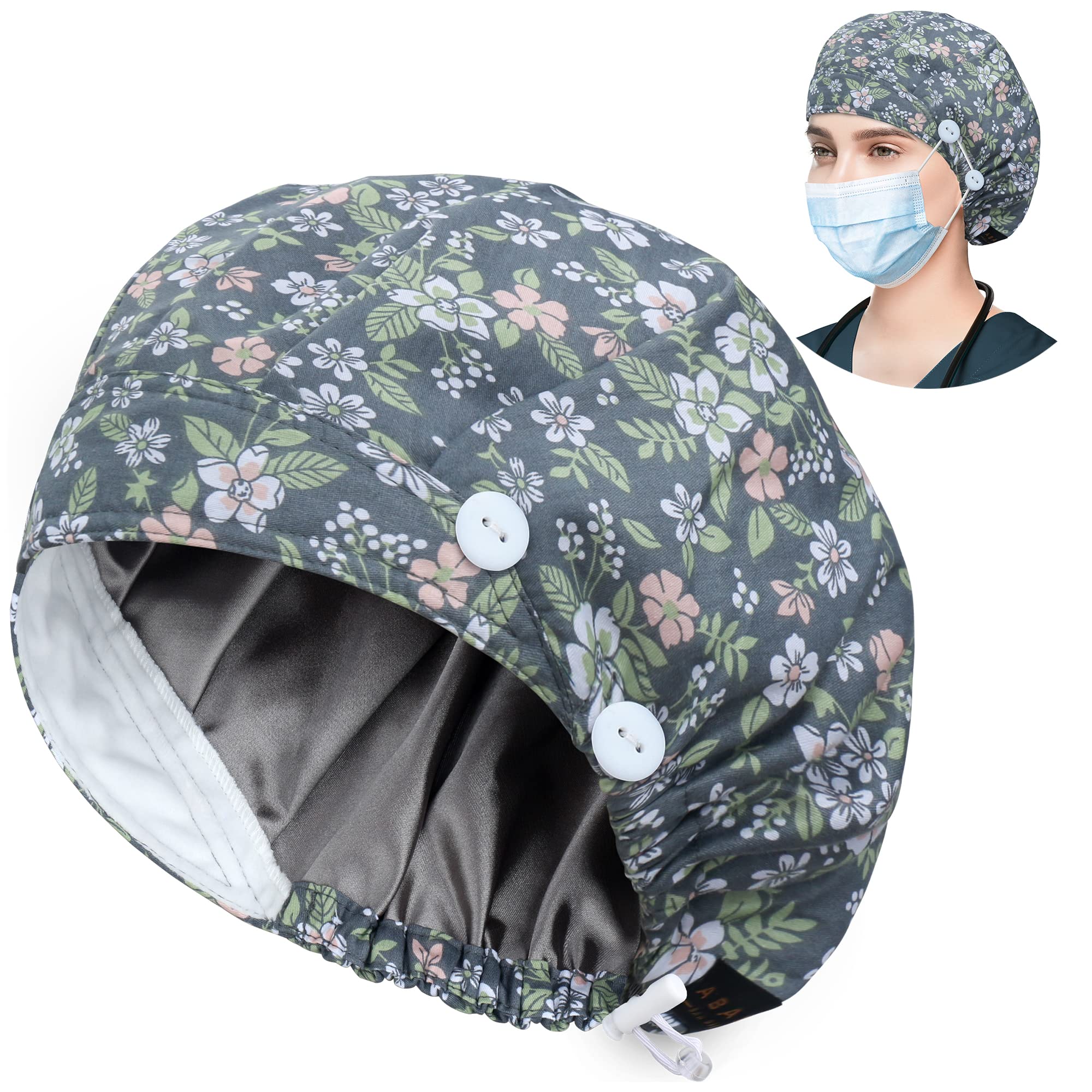 ABAMERICA Bouffant Caps with Button and Sweatband, Adjustable Scrub Caps for Women Men, One Size Multi Color