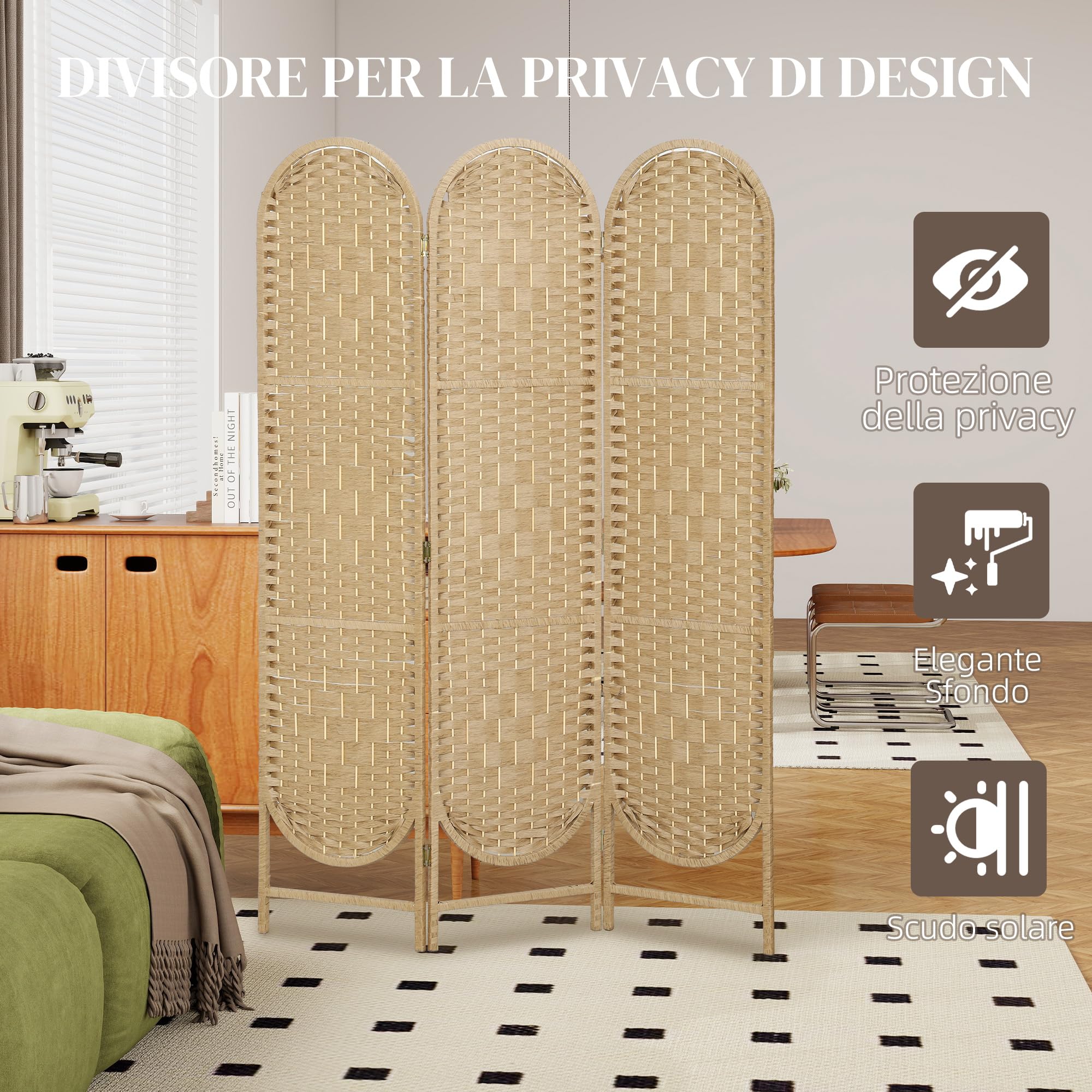 HOMCOM Paravento da Interni Pieghevole 3 Pannelli 120x170 cm Color Legno | Separé Divisorio per Ambienti Autoportante, Stile Bohemien, Carta e Legno di Pino, per Casa, Soggiorno