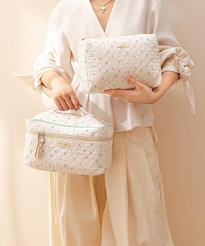 Miniatura 7 de HBselect Bolsa de maquillaje acolchada de algodón, 3 piezas, bolsa de maquillaje de coqueta, bolsa grande de viaje para cosméticos estética, linda