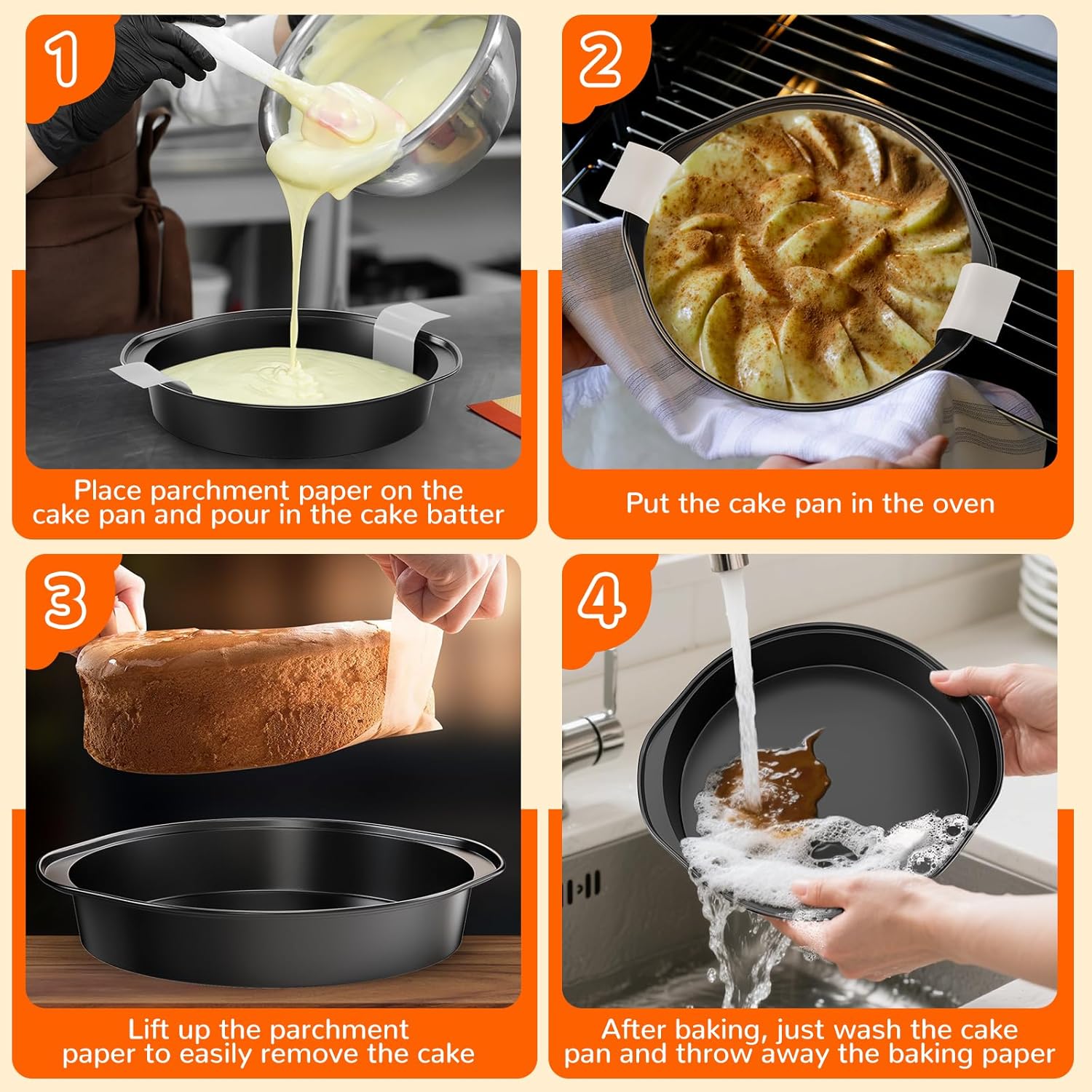 8 Inch Round Cake Pan with Handle, 3PCS Nonstick Cake Pans with 100 PCS Parchment Paper - Image 6