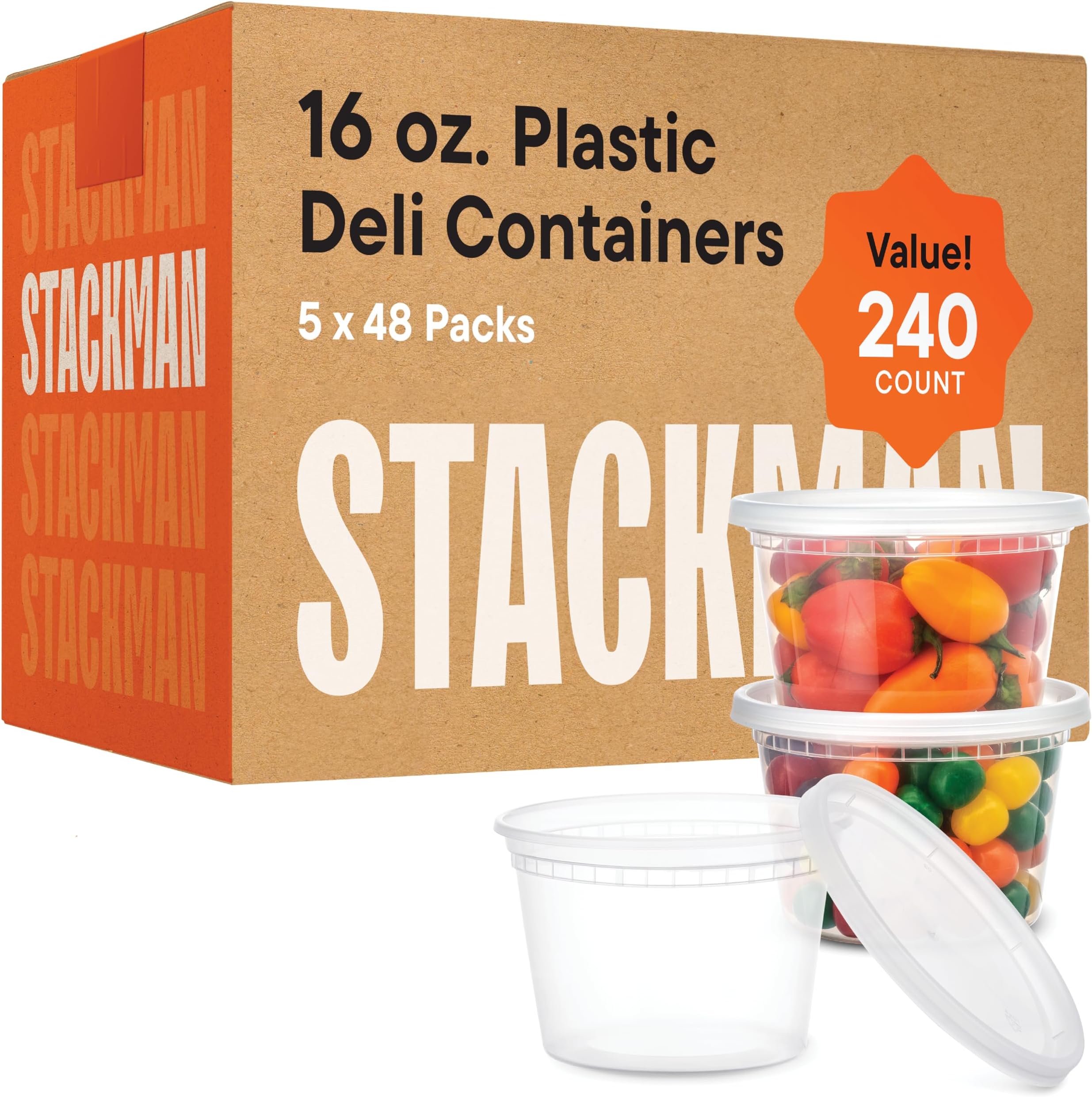 Stack Man [240 Sets - 16 oz.] Clear Plastic Deli Food Storage Containers with Airtight Lids - Soup Containers - Bulk Pack - 240/Case Brand