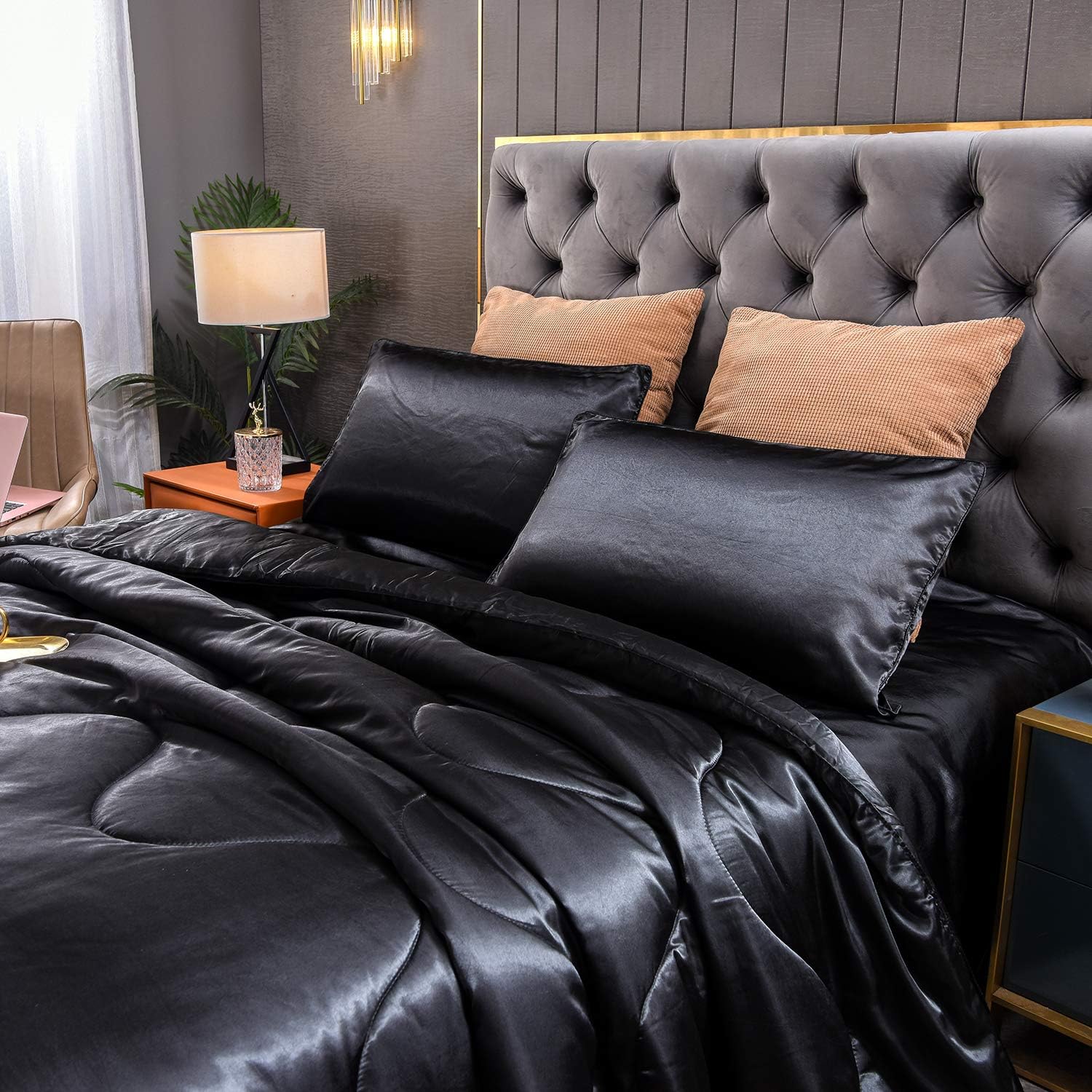 Flash Sale Buy 1 get 1 YEARNING 3pcs Satin Silky Bedding Comforter Set, Bed Sets Queen Black Soft Comforter Quilt Sexy Luxury 3 Piece Bedding Collection Sets Best Cyber Deals 🔥 YEARNING 3pcs Satin Silky Bedding Comforter Set, Bed Sets Queen Black Soft Comforter Quilt Sexy Luxury 3 Piece Bedding Collection Sets