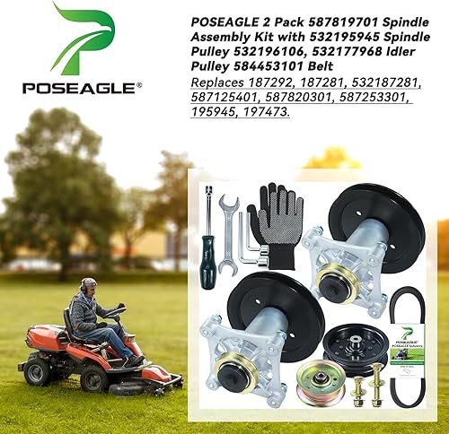 Miniatura 2 de Paquete de 2 conjuntos de husillo 187292 con polea 532195945 532196106 polea tensora 532177968 polea tensora 584453101 para Husqvarna YTH20K46,