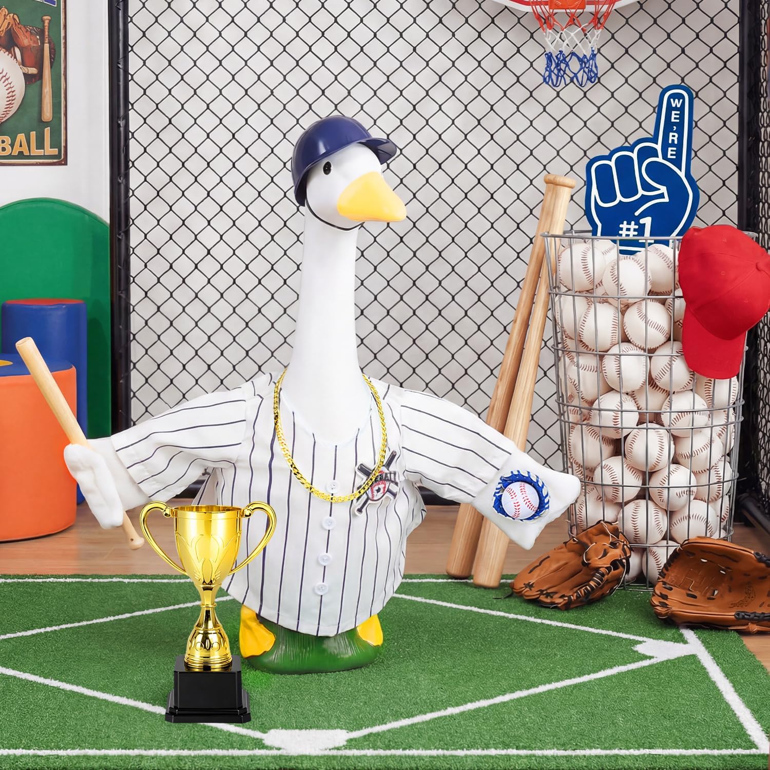 MOVINPE Baseball Goose Outfit for 23" Porch Goose Statue, Blue & White Pinstripe Team Uniform Set with Bat, Glove, Helmet, #1 Yard Sign & Trophy – Sports Lawn Decor Outdoor Patio Yard Decor