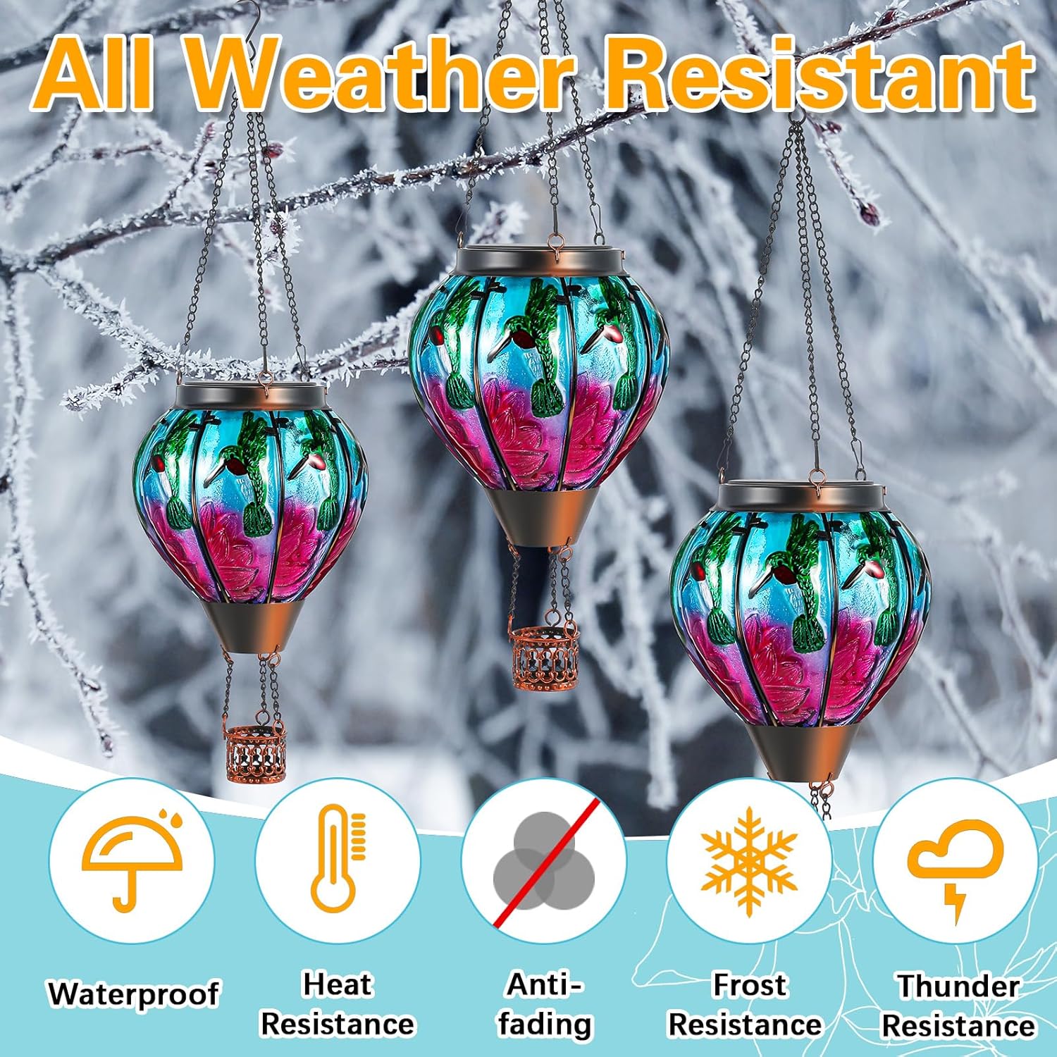 2 Pcs Glass Hot Air Balloon Solar Lantern with Flickering Flame Hummingbird Outdoor Garden Decor Waterproof Hot Air Balloon Flame Lantern for Lawn Porch Yard 20Inch