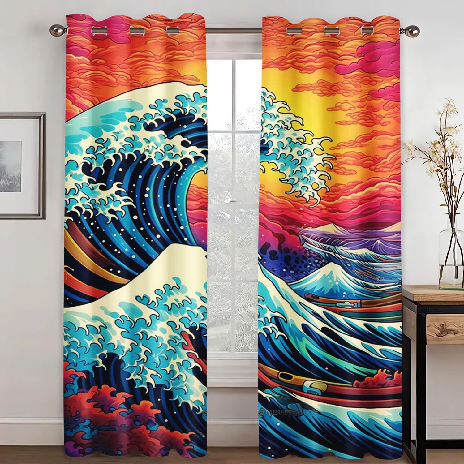 Shroudex Girls 8 Japanese Ukiyoe Blackout Curtain With Eyelets, Hokusai Wave Koi Window Curtain For Children's Room, Bedroom, 2 Panels (.183 X 160 Cm (2 X 91 X 160 Cm)
