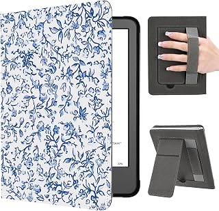 Blue Floral Case for 6" Kindle 11th Generation 2024/2022, Slim Foldable Stand Leather Shell Cover Case with Auto-Wake/Sleep & Hand Strap for Kindle 2024/2022