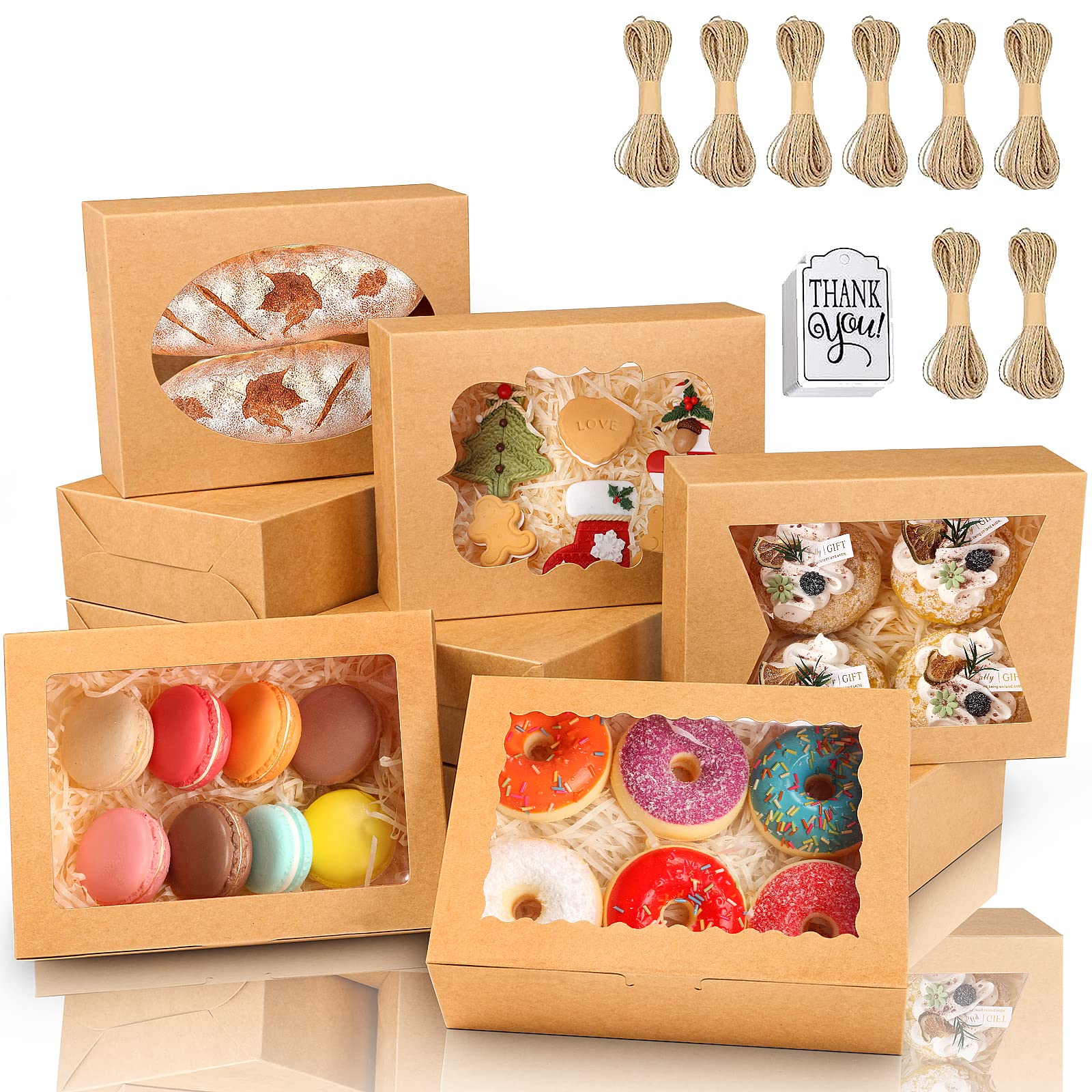 KPOSIYA 65 cajas de galletas de 8 x 6 x 2.5 pulgadas con ventana, cajas de panadería marrones para regalo, golosinas, postres, cupcakes, chocolate, fresas, donas, magdalenas (5 ventanas de estilo)