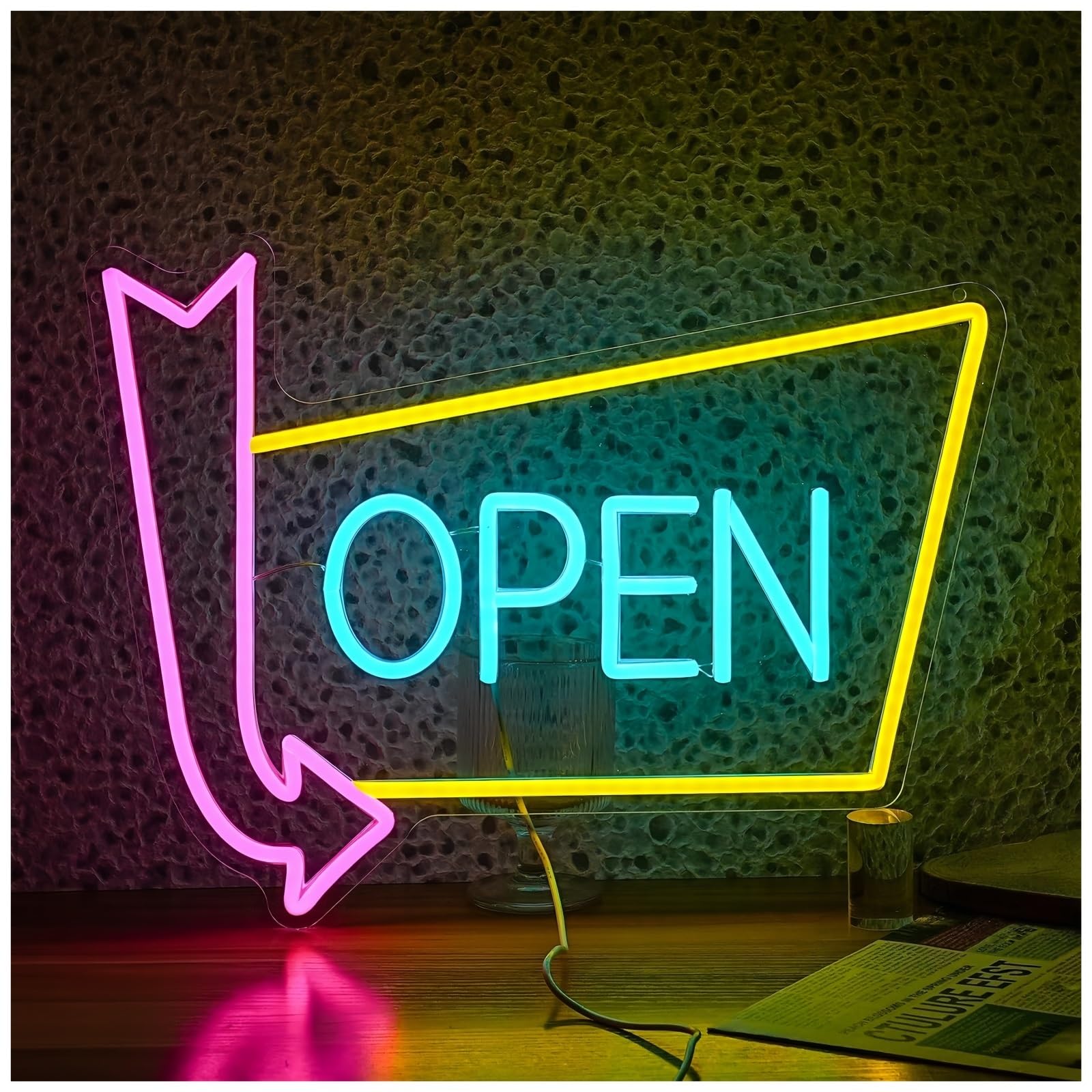 Jovarel Neon Light Open Neon Sign with Arrow Business Shop Dimmable LED Wall Decor for Bar Hotel