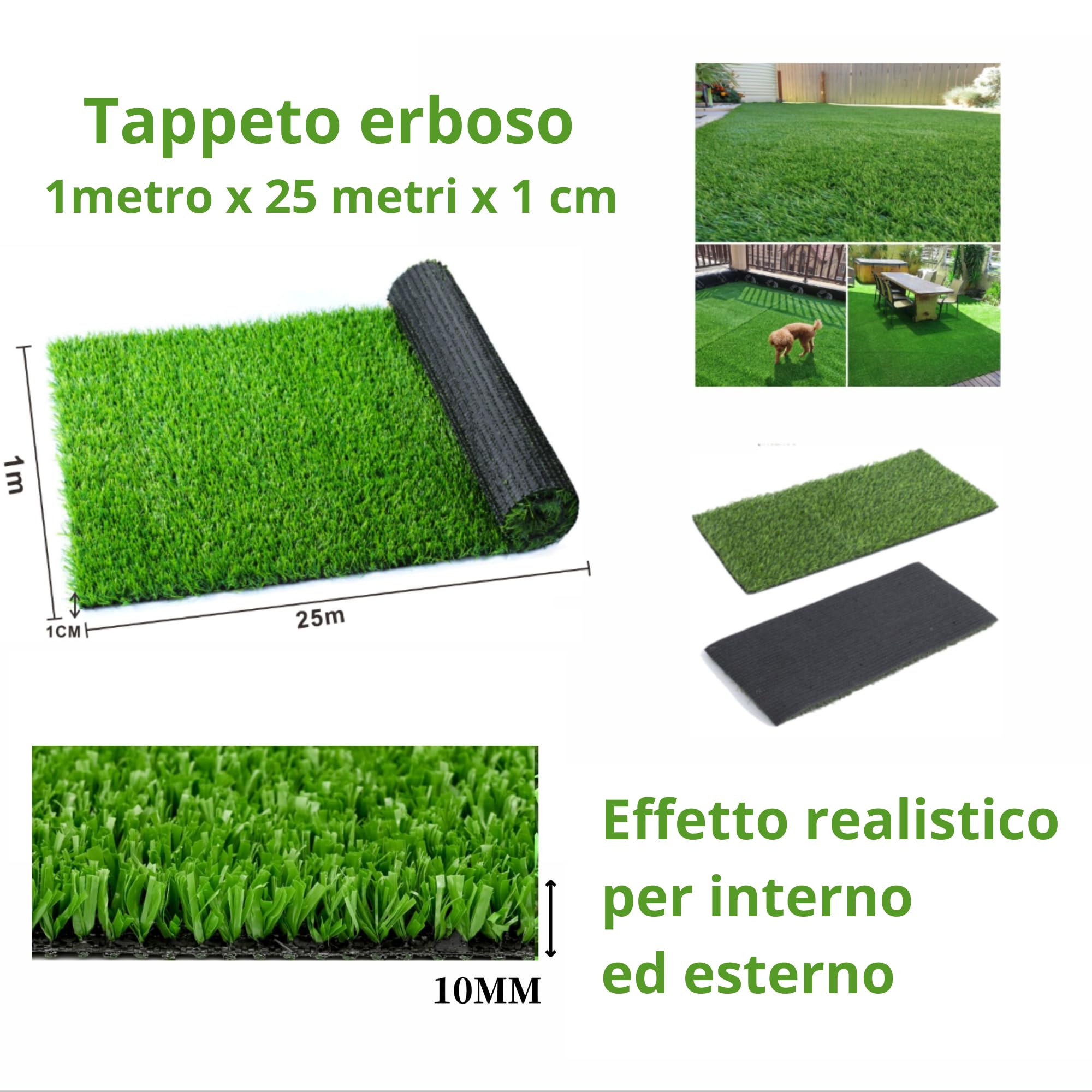 Tappeto Erba Sintetica Verde Chiaro Effetto germoglio 25 m spesso 1 cm rotolo di Prato Antiscivolo Fondo gommato per terrazza Balcone Patio Piscina Giardino Interni ed Esterni (Rotolo 25x1m H 1 cm)