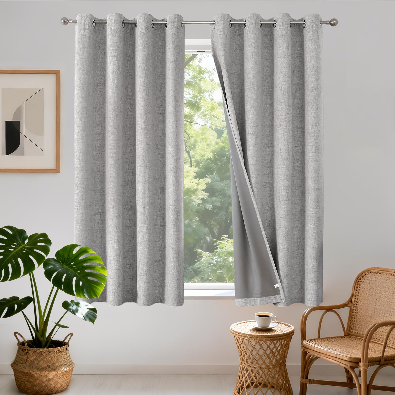 Joydeco 100% Blickdichte Vorhänge mit Ösen Gardinen Leinenoptik 2 Stück, Verdunkelungsvorhang Leinen Thermovorhang Hitzeschutz, Wärmeisolierte Beschichtung Rückenschicht für Schlafzimmer Wohnzimmer