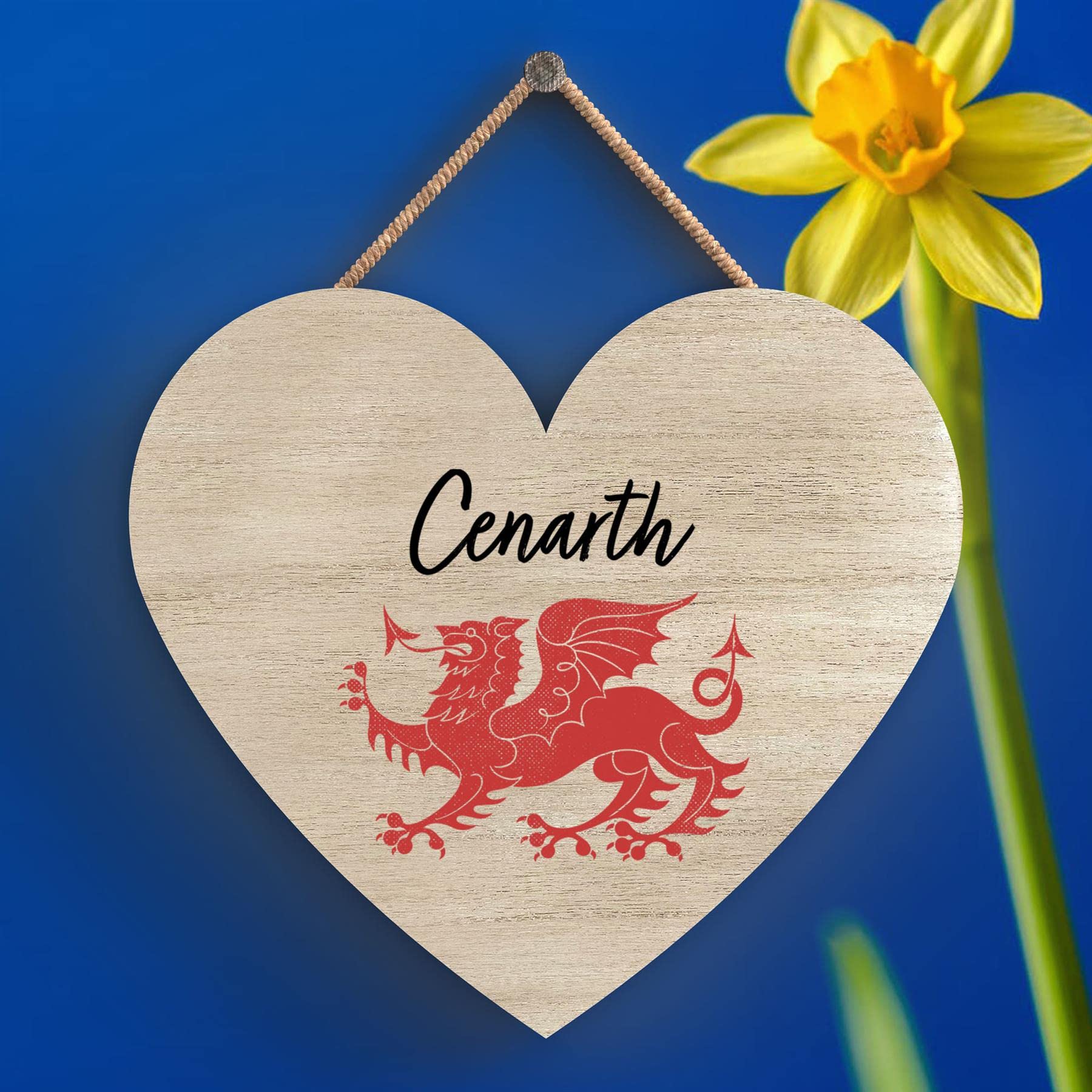 Global Designs Cenarth Welsh Dragon Location Wooden Heart Hanging Plaque