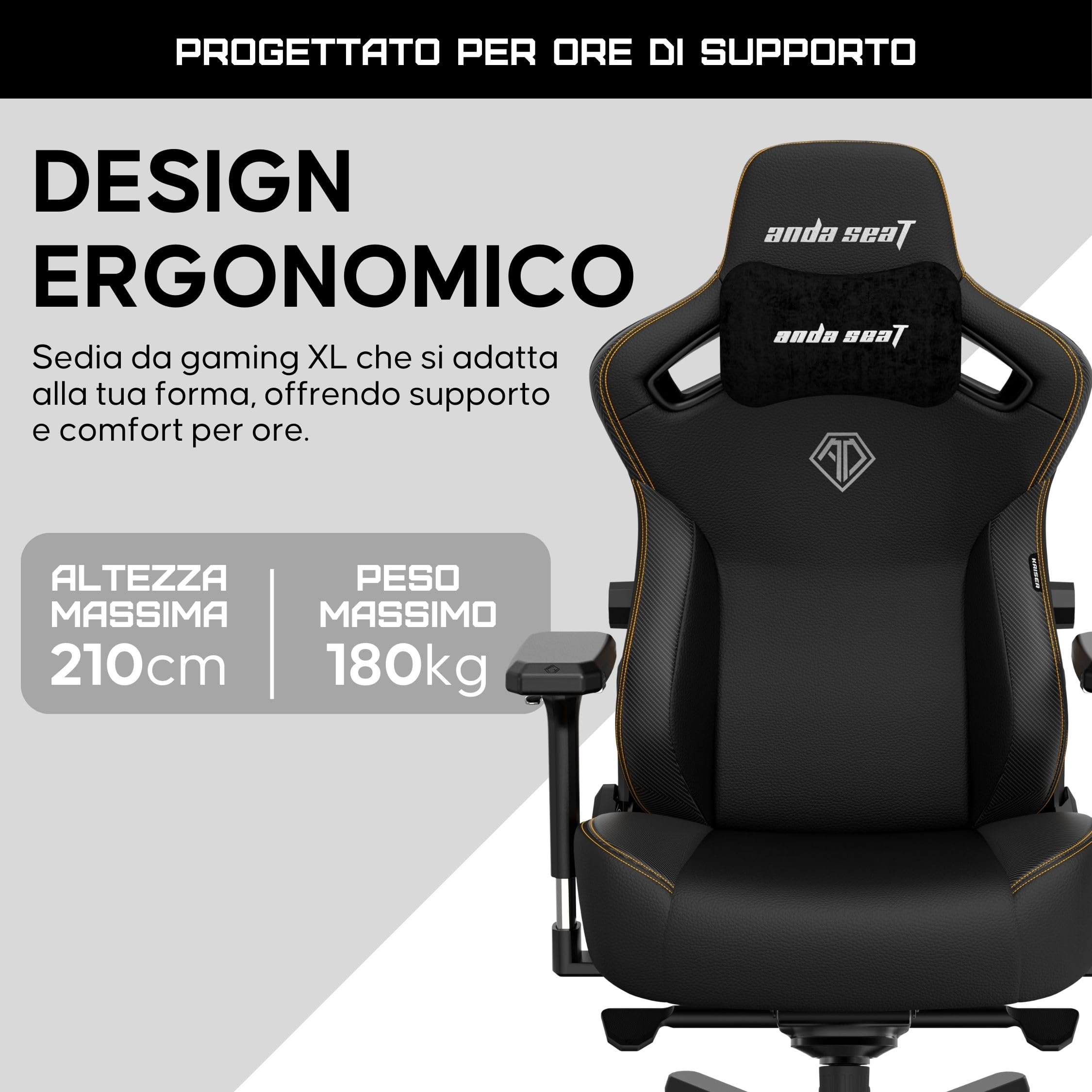 Anda Seat Kaiser 3 Large Sedia gaming Ergonomica per adulti - in Similpelle, con Supporto Lombare e Braccioli Regolabili 4D, Poltrona Gaming Reclinabile e Comode, per Ufficio o casa, Nero