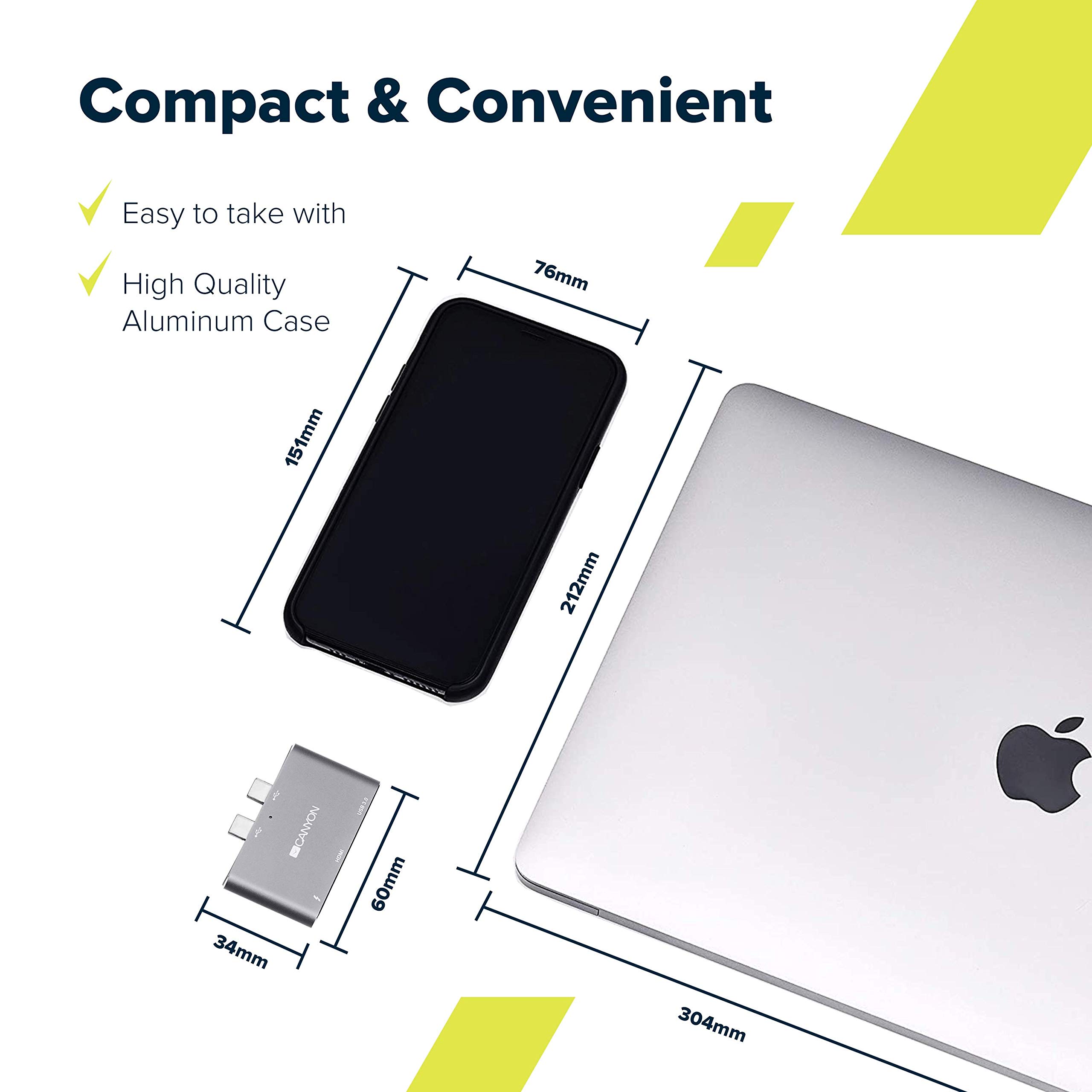 CANYON Stacja dokująca 3 w 1 Thunderbolt 3 z koncentratorem USB 3.0 i portem HDMI 4K, szybkie ładowanie i transmisja danych, kompatybilna z komputerami MacBook Air i Pro