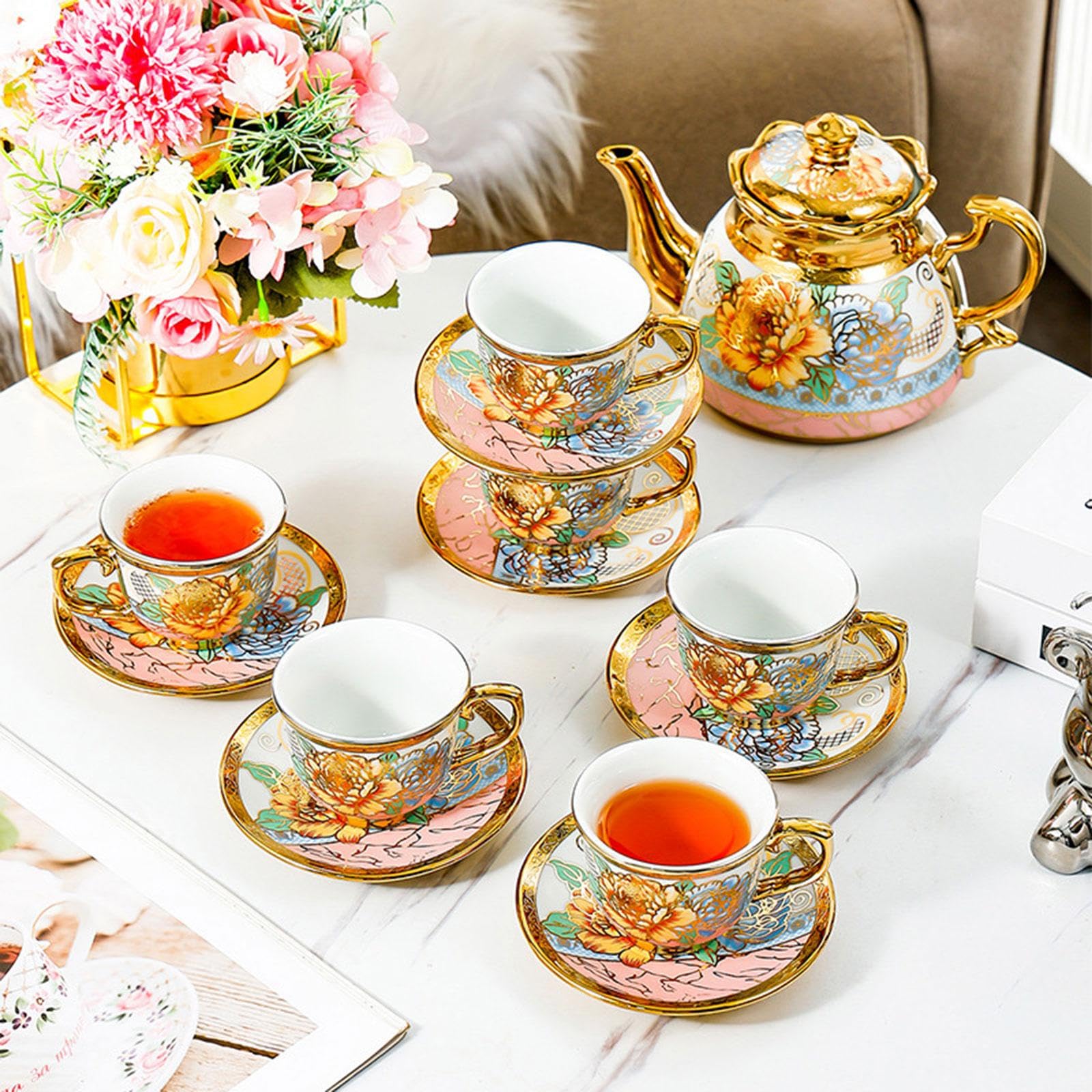 rockible Set da tè in ceramica con motivo floreale, regalo di compleanno, set di teiera, tazza e piattino, tazza da caffè in ceramica per qualsiasi occasione,