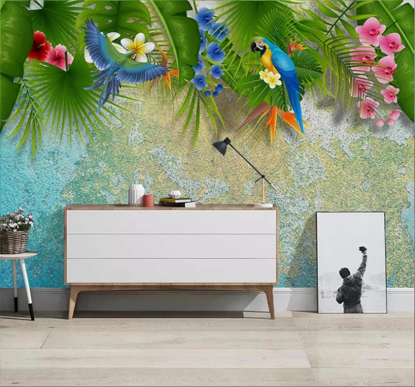 Wallpaper-3D-Xlm 200Cm×140Cm(B×H) Fresh Green Leaves Parrots Flowers Birds 3D Wallpaper Easy Install Feature Office Living Room Sofa Bedroom Tv Background Wall Decoration-200Cm×140Cm