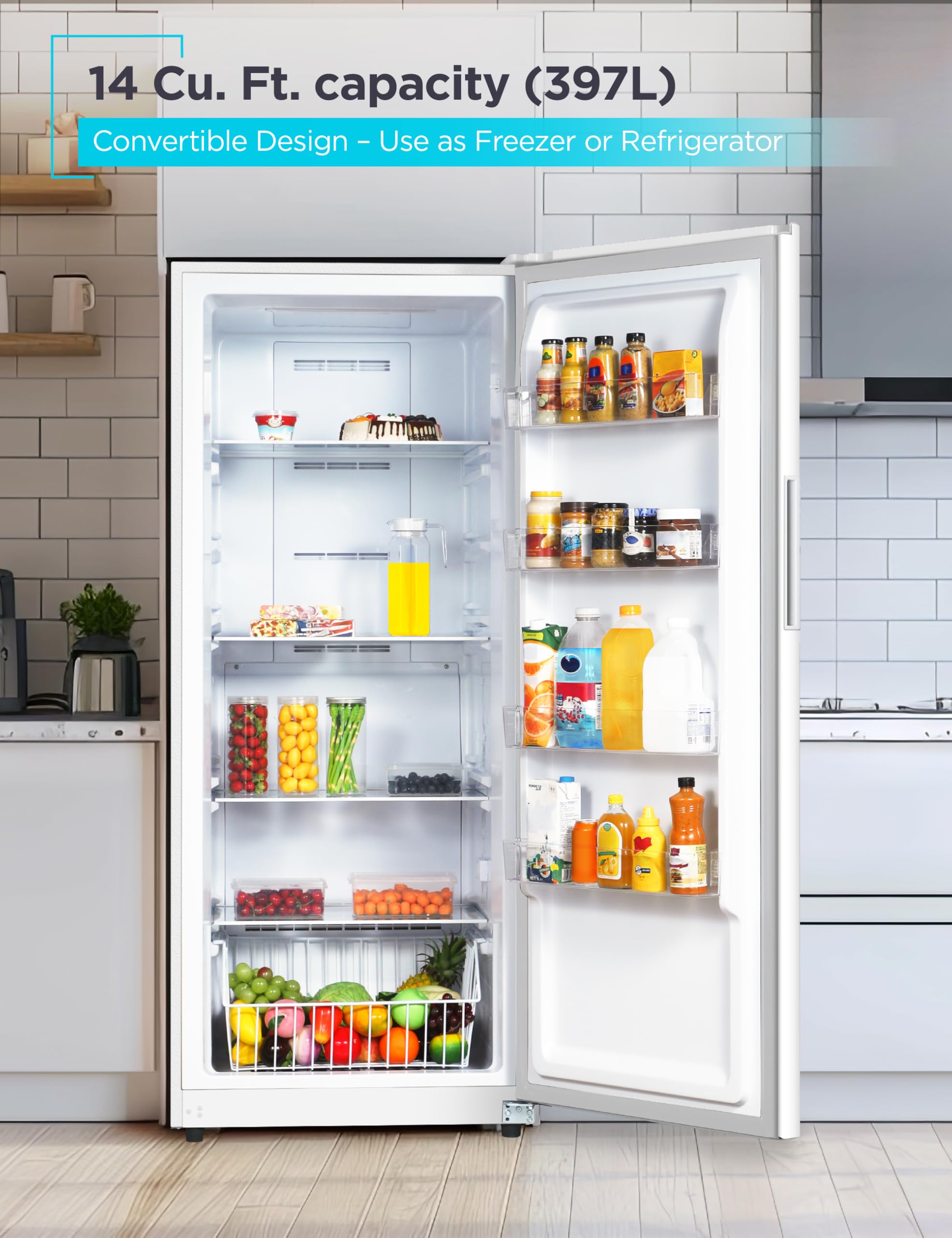 Black+Decker 14 Cu. Ft. Convertible Freezer Refrigerator, Upright Freezer With Glass Shelves, Energy Star Rated, Frost Free, Buc1400xw, White on Fridge.com - View 2