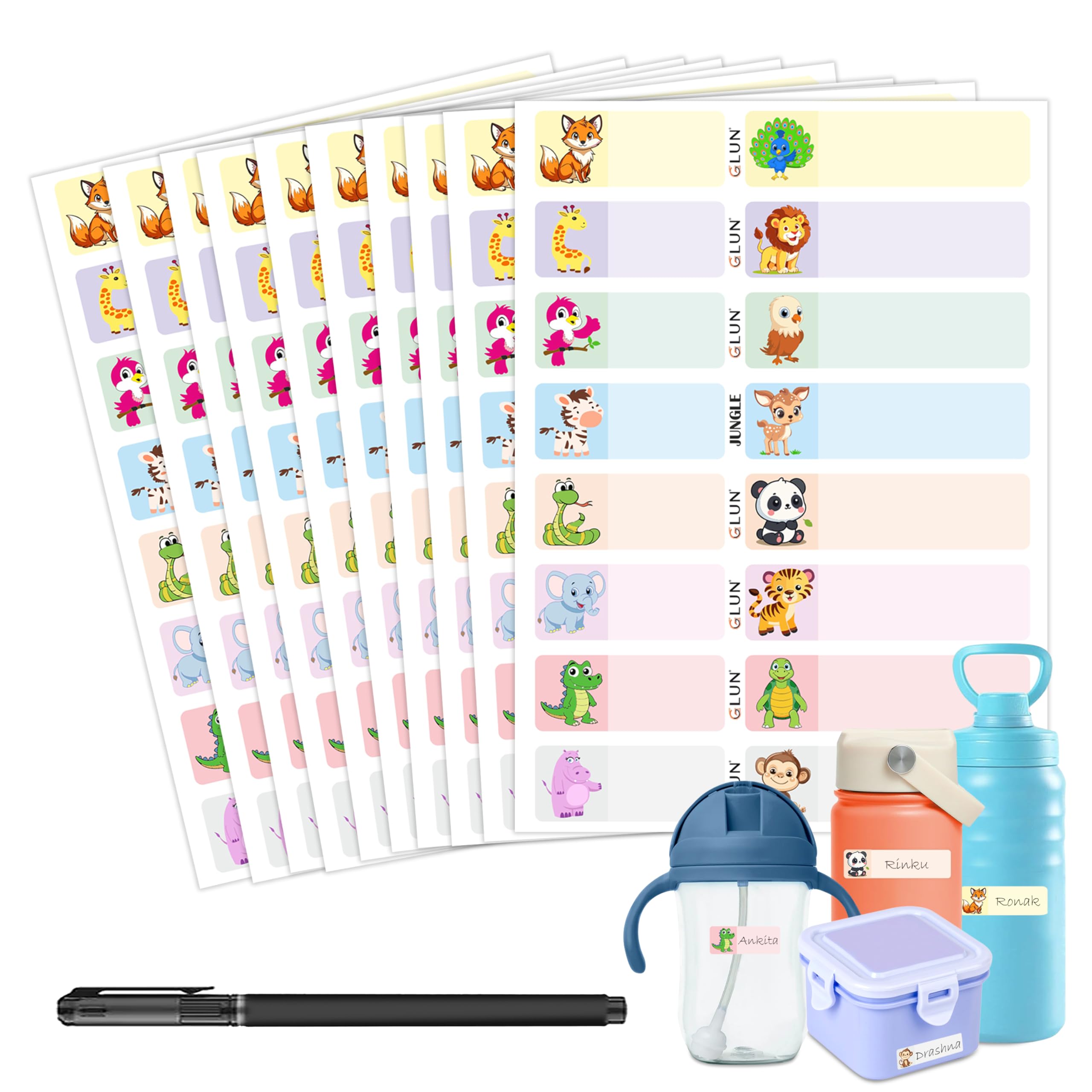GLUN® Jungle Waterproof Name Stickers, 160 Durable Labels (10 Sheets) for Baby, Kids Bottles, Lunch, Kitchen & Pantry – Reusable Self-Adhesive Stickers Pack of 1