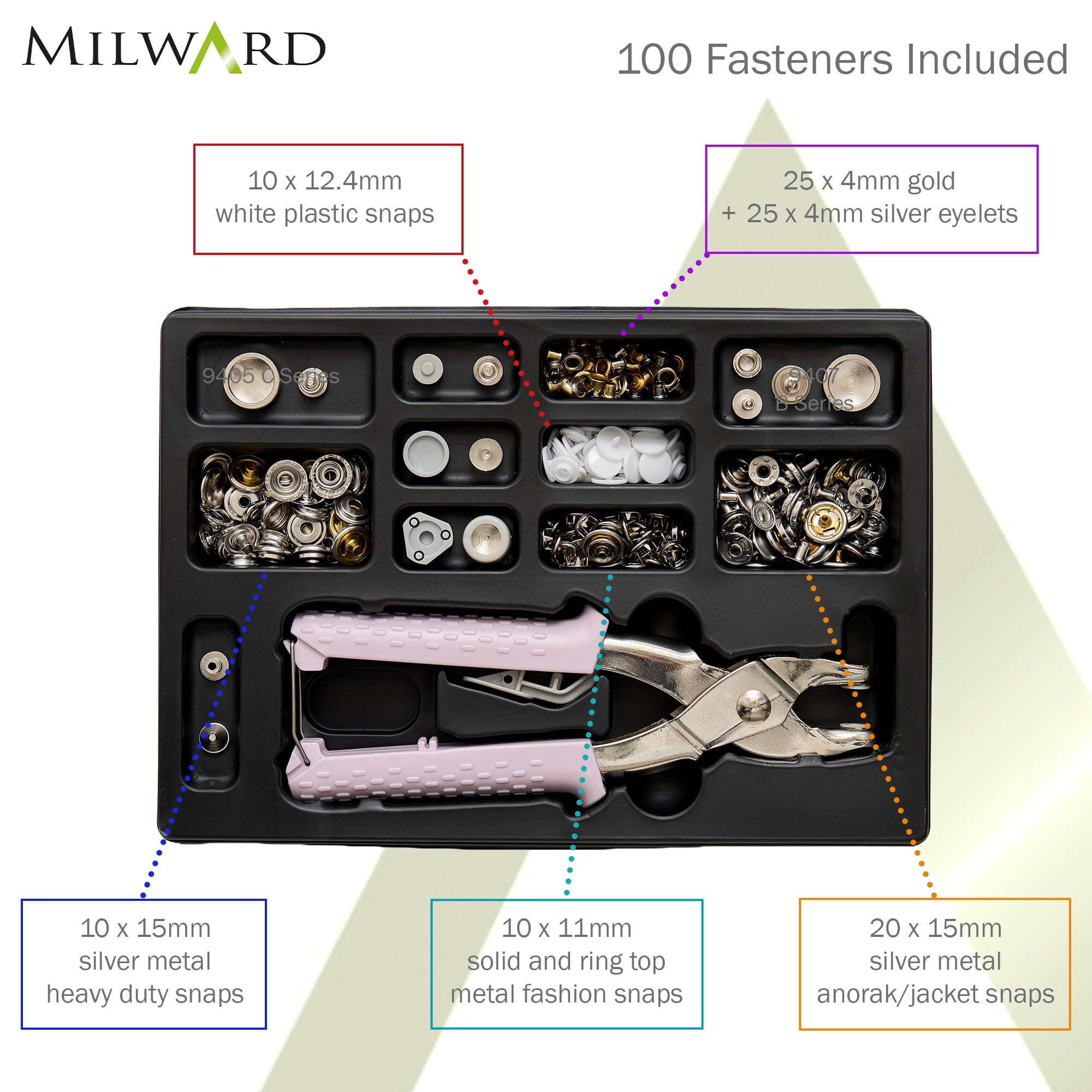 Milward - Juego de alicates de cierre a presión 5 en 1, kit de herramientas resistentes para ojales, botones de presión, broches de plástico y broches de moda, herramienta perforadora con 100 cierres