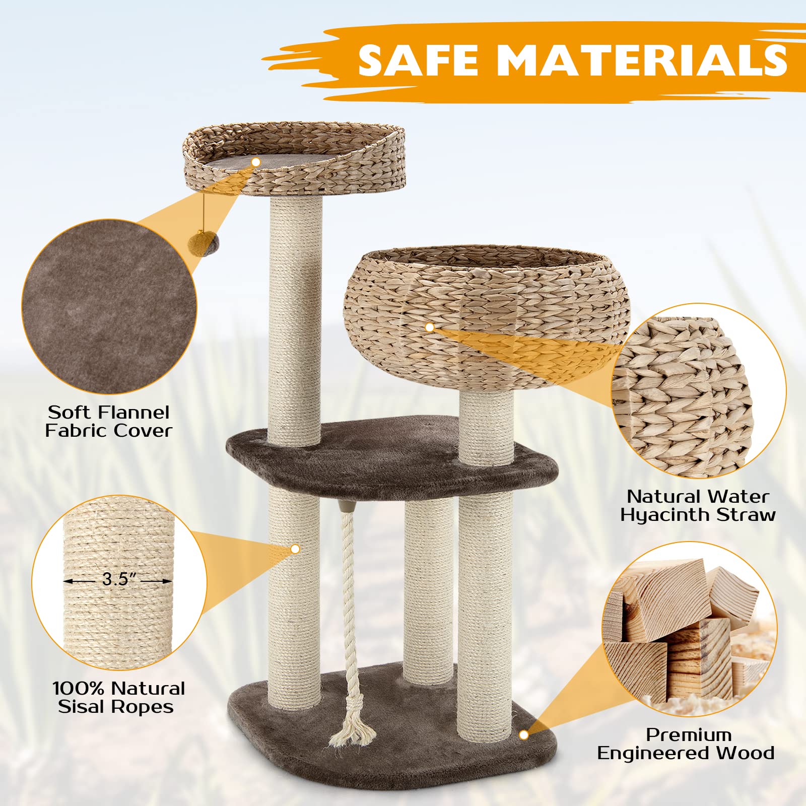 DREAMADE 41 Inches Wicker Cat Tree, Modern Cat Tower with Handwoven Cat Condo & Perch, Scratching Post, Dangling Balls and Sisal Rope, Indoor Cat Tree Tower for Large Adult Cats 20 Lbs