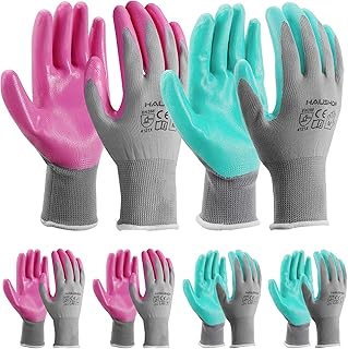 HAUSHOF Garden Gloves, 6 Pairs, Nitrile - Coated Work Gloves, Specially Designed for Women and Smaller Hands, Ideal for Gardening, Restoration Work, Pink & Green