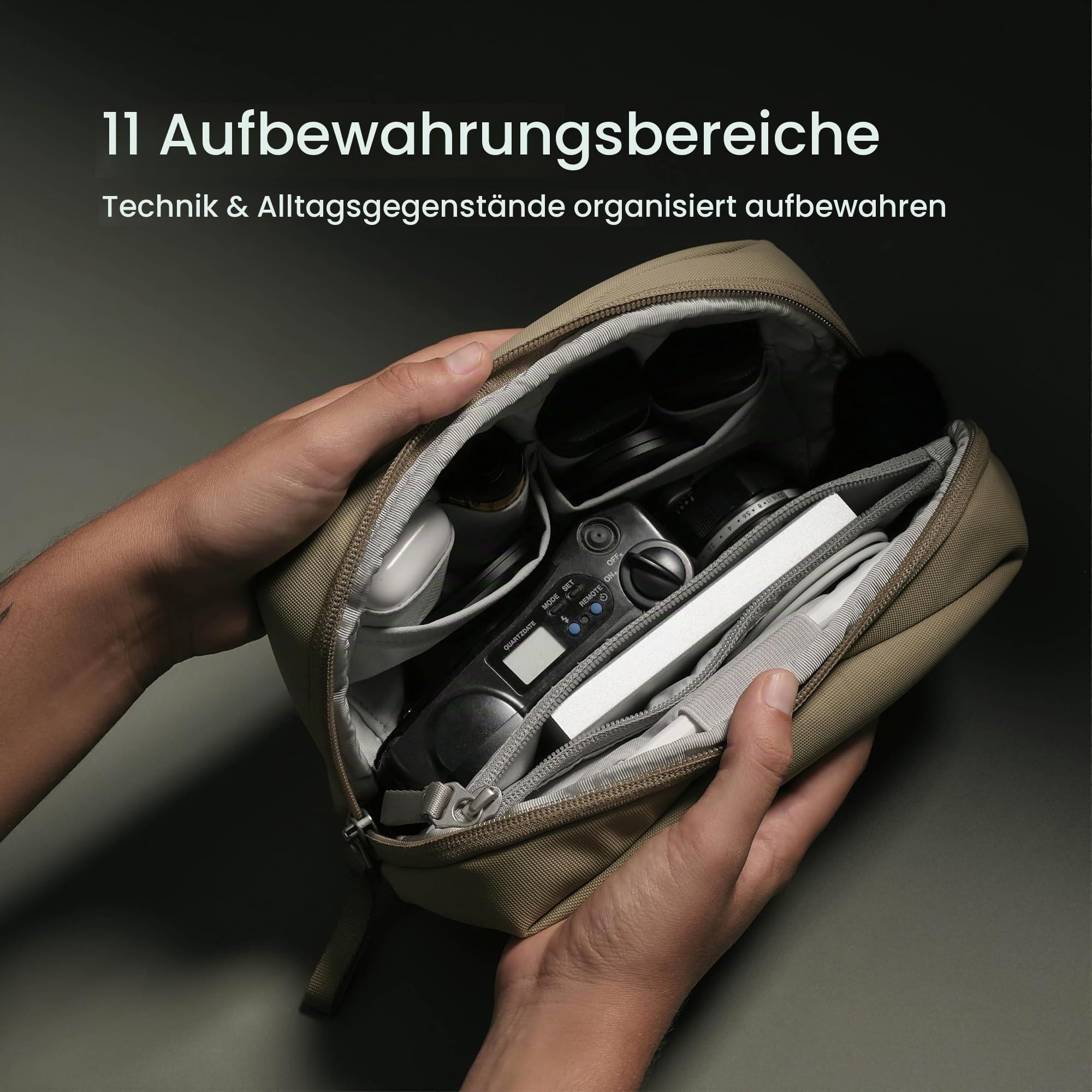 Urth Zeolite Tech Organizer – Wasserabweisende, recycelte Elektronik-Reisetasche, Kabel-Organizer-Tasche für Kabel, Ladegerät, Telefon, Kamerazubehör in Beige