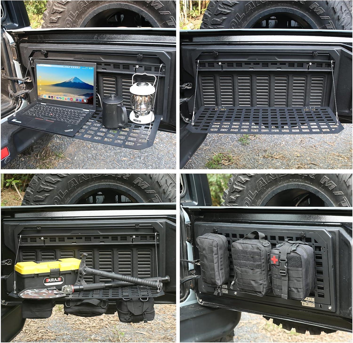 FUNY Tailgate Table Rear Foldable Storage Cargo Rack with 3 Storage Bags Outdoor Camping Desk for 2007-2024 Jeep Wrangler JK & JL (Not Fit JK Models with Stock Subwoofer)