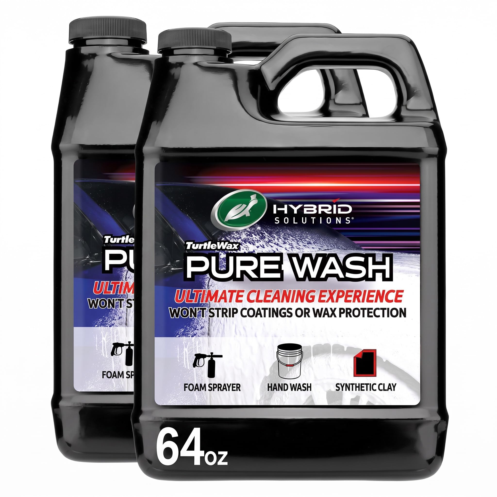 Turtle Wax Hybrid Solutions Pure Wash,pH Neutral Extreme Foaming Car Wash Soap,Bucket or Foam Cannon Application,Won't Strip Waxes or Coatings,Clay Bar Lubricant,Spot-Free Clean,64 fl oz,(Pack of 2)
