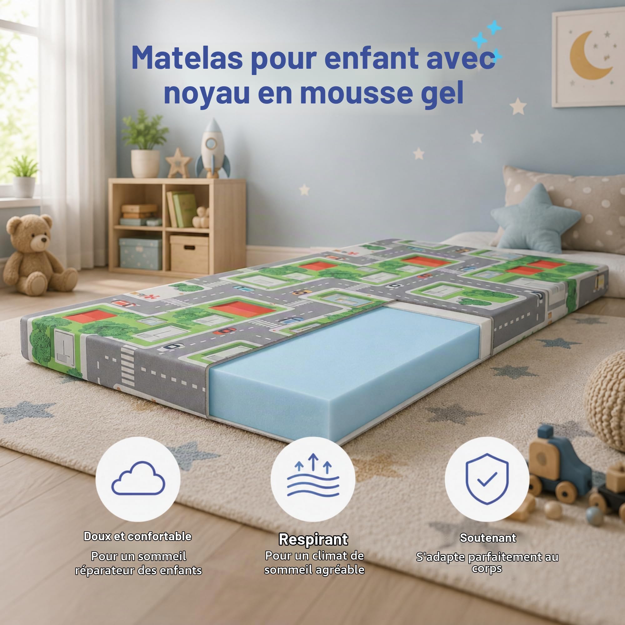 Arensberger Matelas de voyage pour enfant - 60 x 120 cm - 6 cm d'épaisseur - Matelas pliable pour bébé et enfant avec motif urbain - Mousse gel Nanocell avec housse amovible et sac de transport