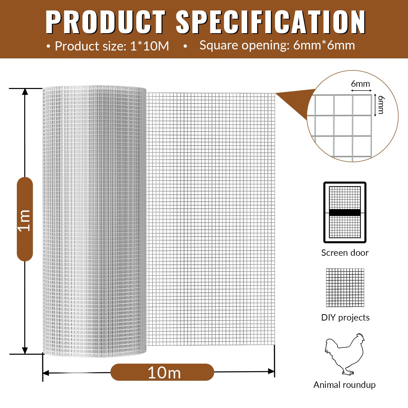 Grillage métallique galvanisé 1 × 10 M, Grillage a Poule, Mailles 6x6 mm, Grillage anti-campagnols, Grillage Métallique, pour Lapins Pour Poulailler, Élevage de Volailles, Jardin