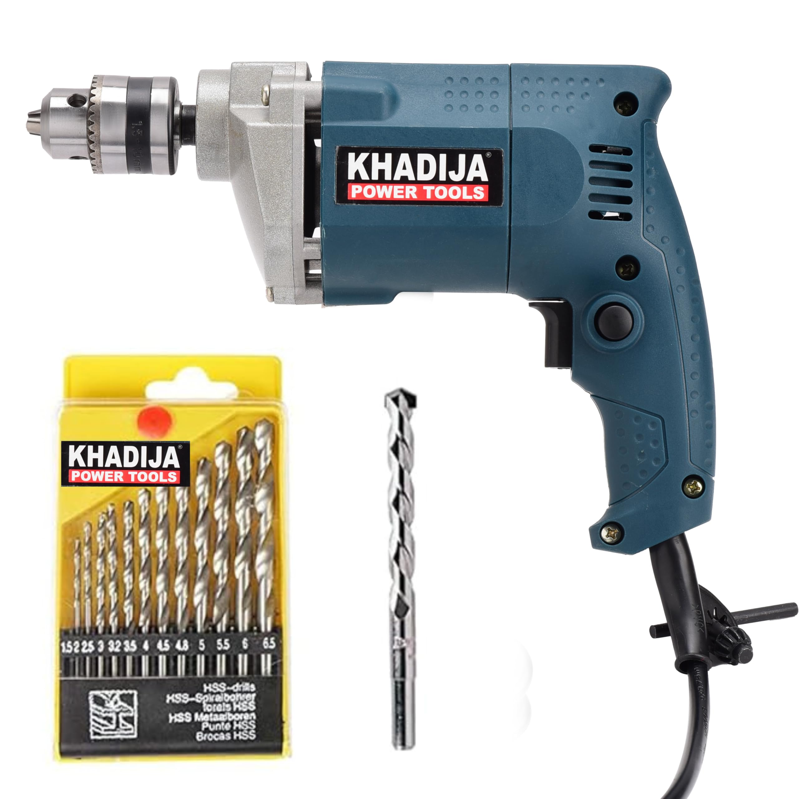 KHADIJA Drill Machine 10mm With Free 13Pcs HSS Drill Bits & 1Pc Masonary Bit Combo 6 Months Warranty (Blue)