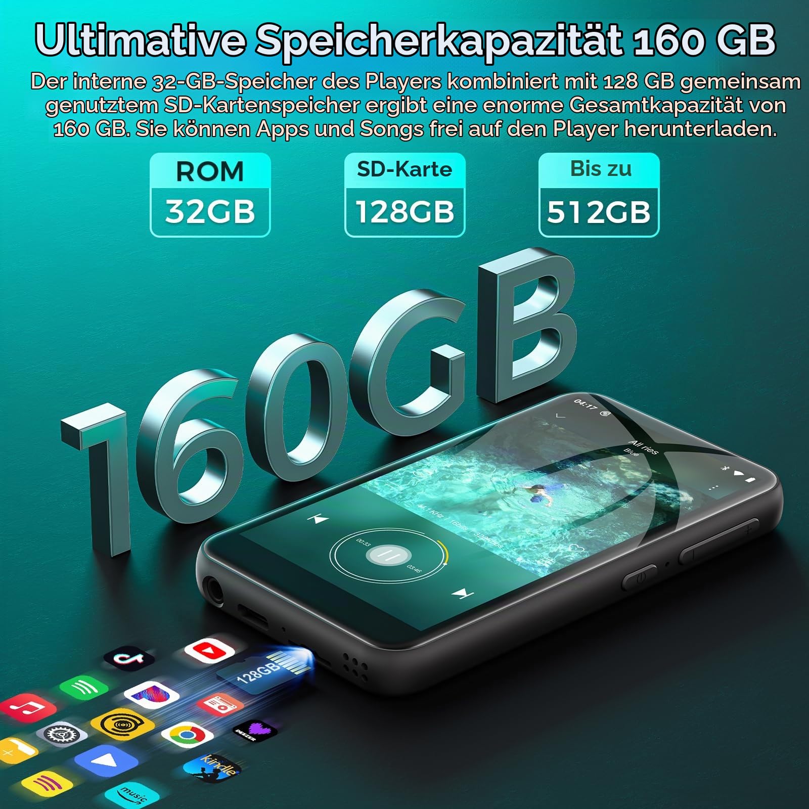 32GB MP3 Player mit Bluetooth und WiFi, Android 13 MP4 Player mit Spotify, Pandora, Audible, YouTube, Hi-Fi 4.02" Zoll Touchscreen Musik Playermit Play Store,Schwarz