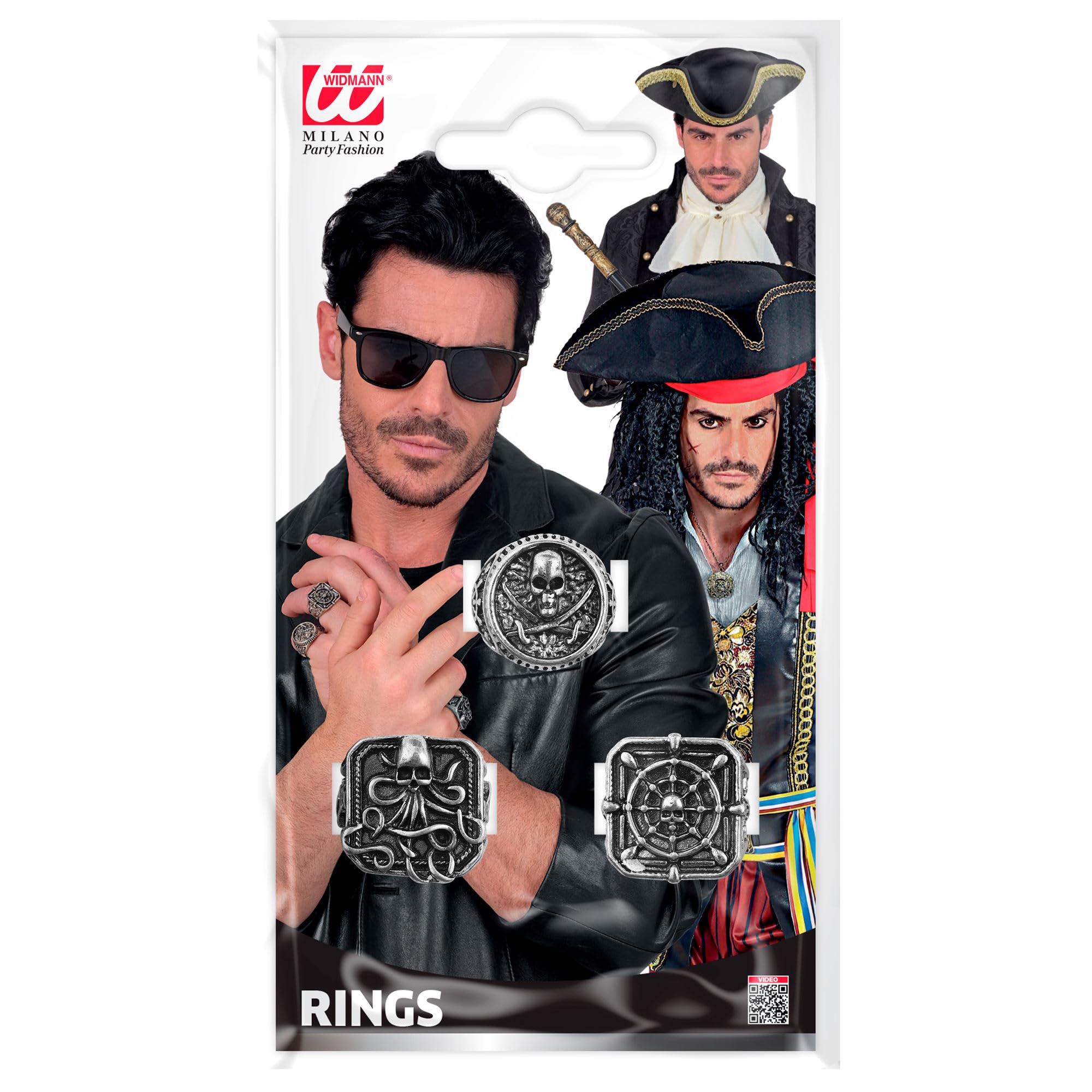 W WIDMANN MILANO Party Fashion - Men's Pirate Rings, Set of 3, Costume Jewellery for Carnival, Halloween, Cosplay