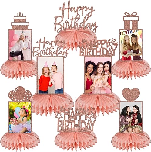 Bumqviy 8 piezas de decoración de cumpleaños de color oro rosa para mujeres y niñas, centro de mesa de fotos de cumpleaños con purpurina de oro rosa