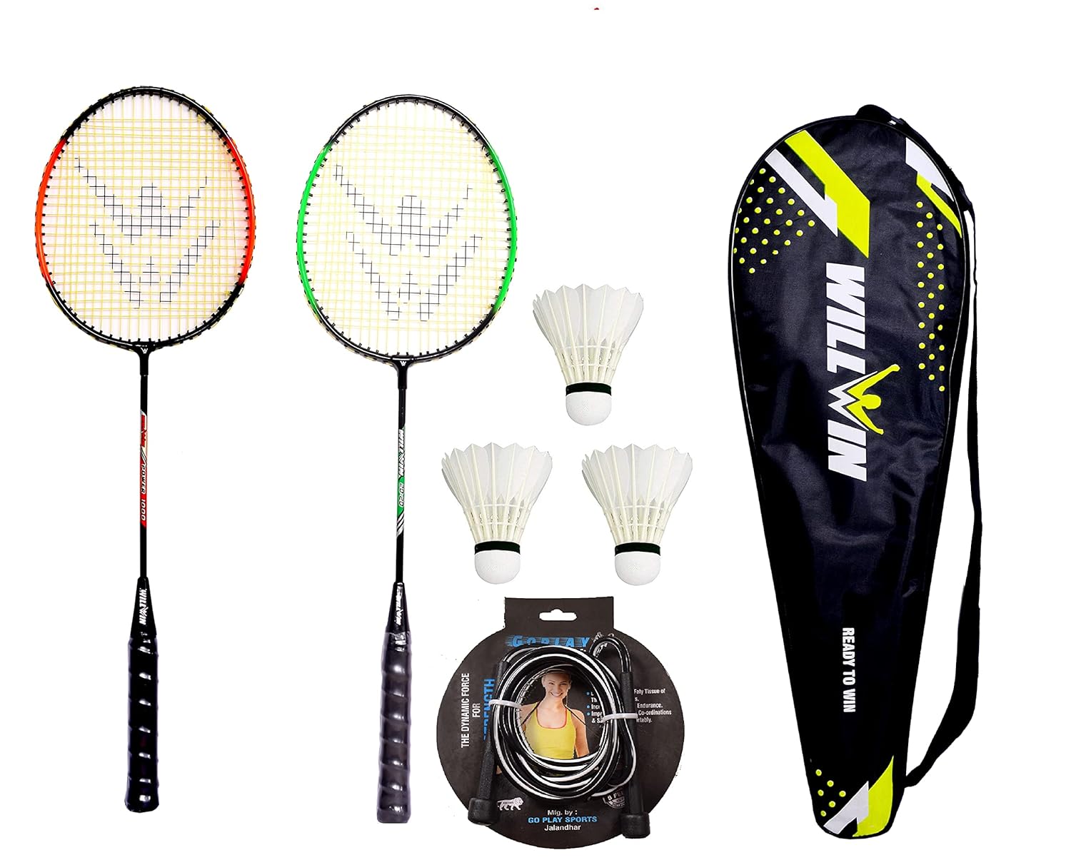 WILLWIN DXN 2020 Aluminium Badminton Combo Set of 2 Racket and 3 Piece Feather Shuttle and 1 Good Looking Full Size Cover and 1 Skiping Rope (Super Combo Pack) WILLWIN DXN 2020 Aluminium Badminton Combo Set of 2 Racket and 3 Piece Feather Shuttle and 1 Good Looking Full Size Cover and 1 Skiping Rope (Super Combo Pack)